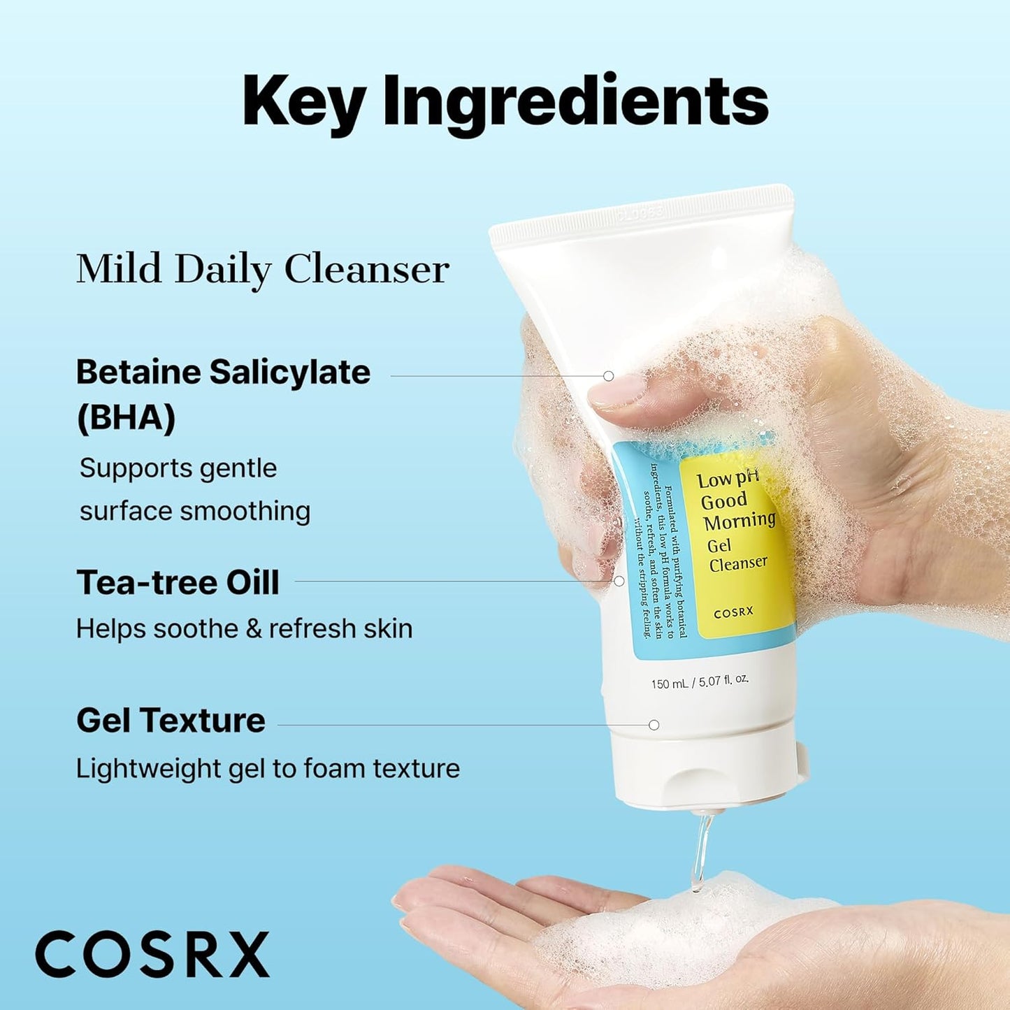 HotCOSRX Low pH Good Morning Gel Face Cleanser, 5.07 fl oz, BHA Face Wash, Daily Mild Face Cleanser for Sensitive Skin, PH Balancing, Korean Skin Care, Korean Face Wash