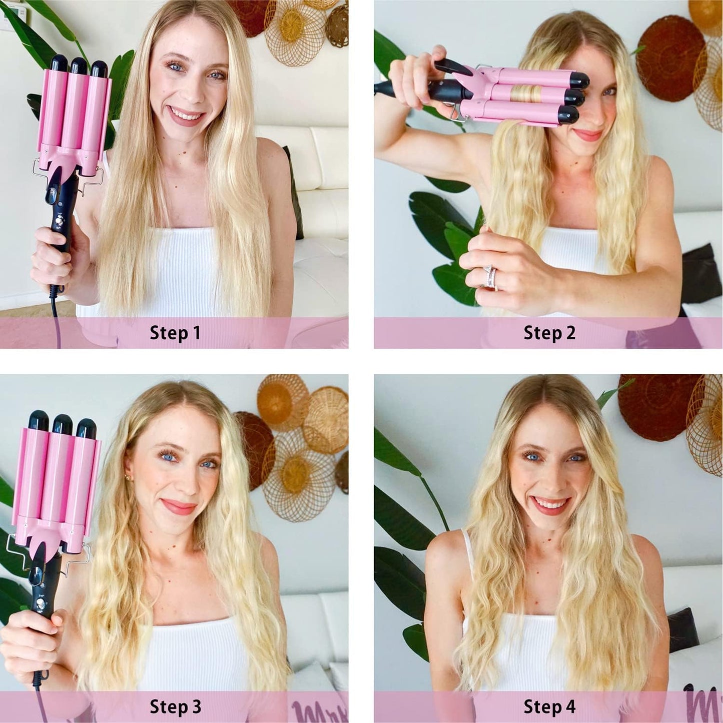 HotTOP4EVER 3 Barrel Curling Iron, 1 inch Crimper Hair Tool,Crimping Waver for Women Beach Waves with Two Temperature Settings, Pink