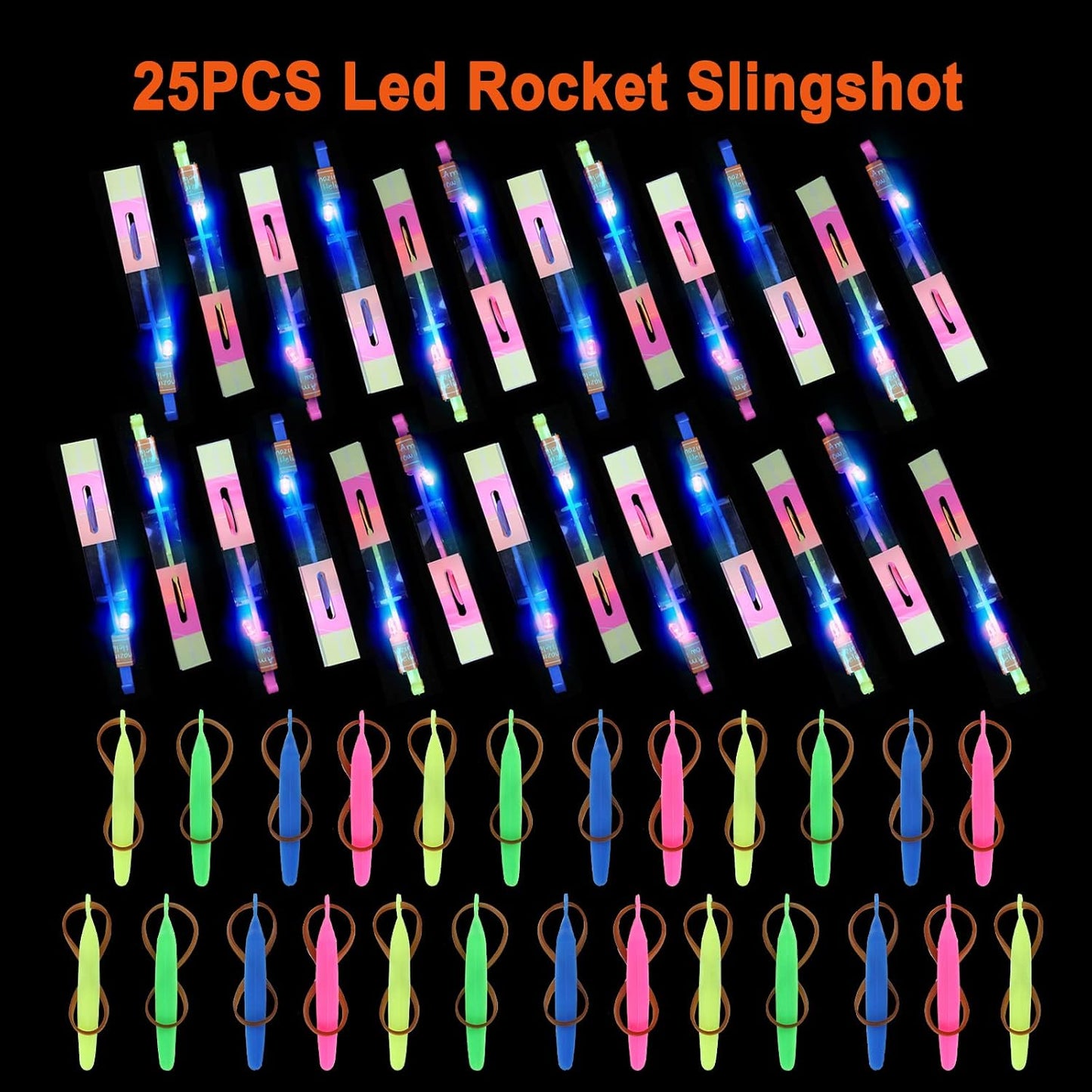 Hotlpvoqpth 25 Sets LED Flying Set, 25 Slingshot+25 Glow Helicopter-50 Pcs, Flying Toy Outdoor Toys Glow in the Dark Party Supplies Party Favors for Kids 8-12,4-8