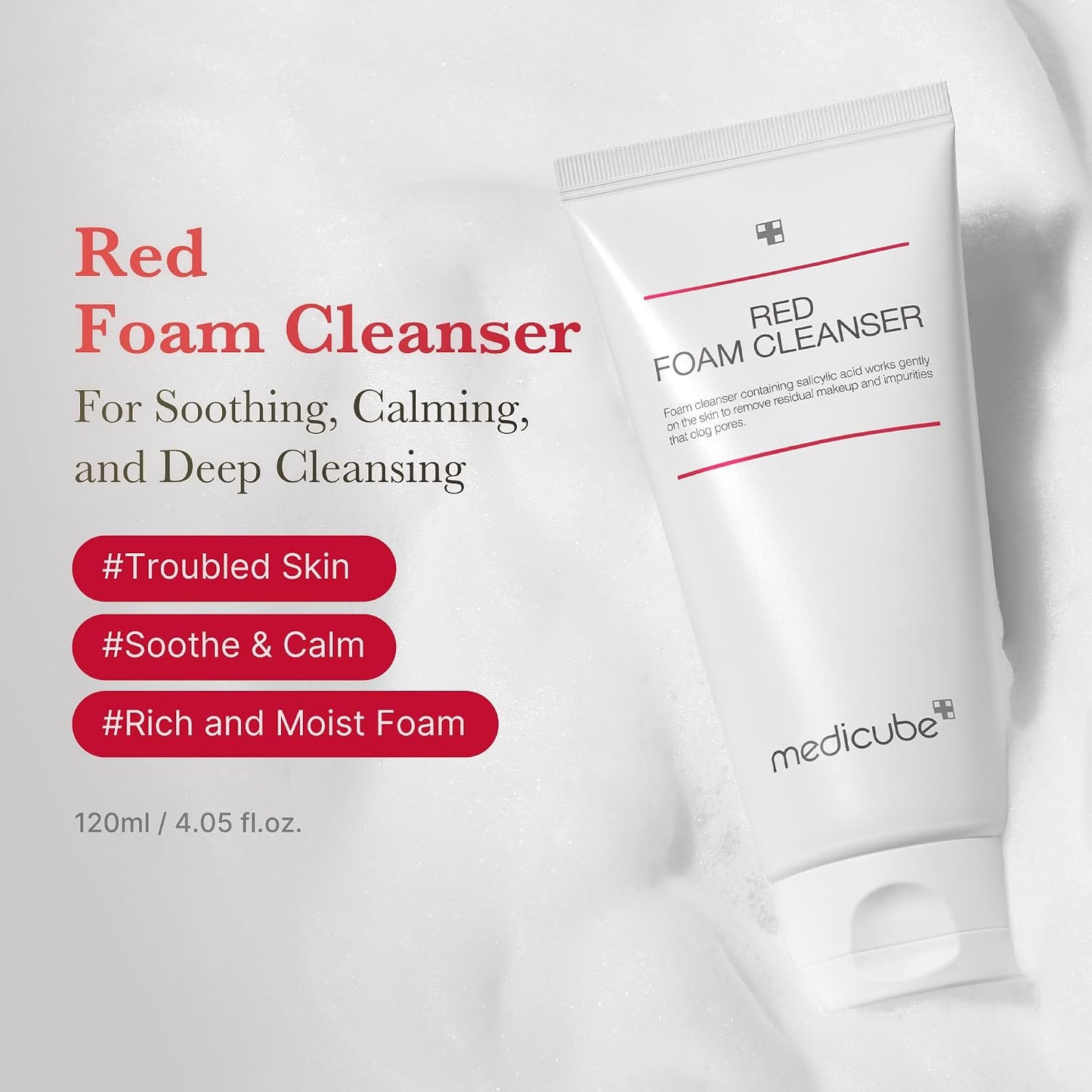 Hotmedicube Facial Cleanser Red Foam Cleanser, 4.05 oz | Daily Gentle Cleansing Foam for Sensitive & Troubled Skin - Deep Cleansing & Excess Sebum Control, Korean Skincare