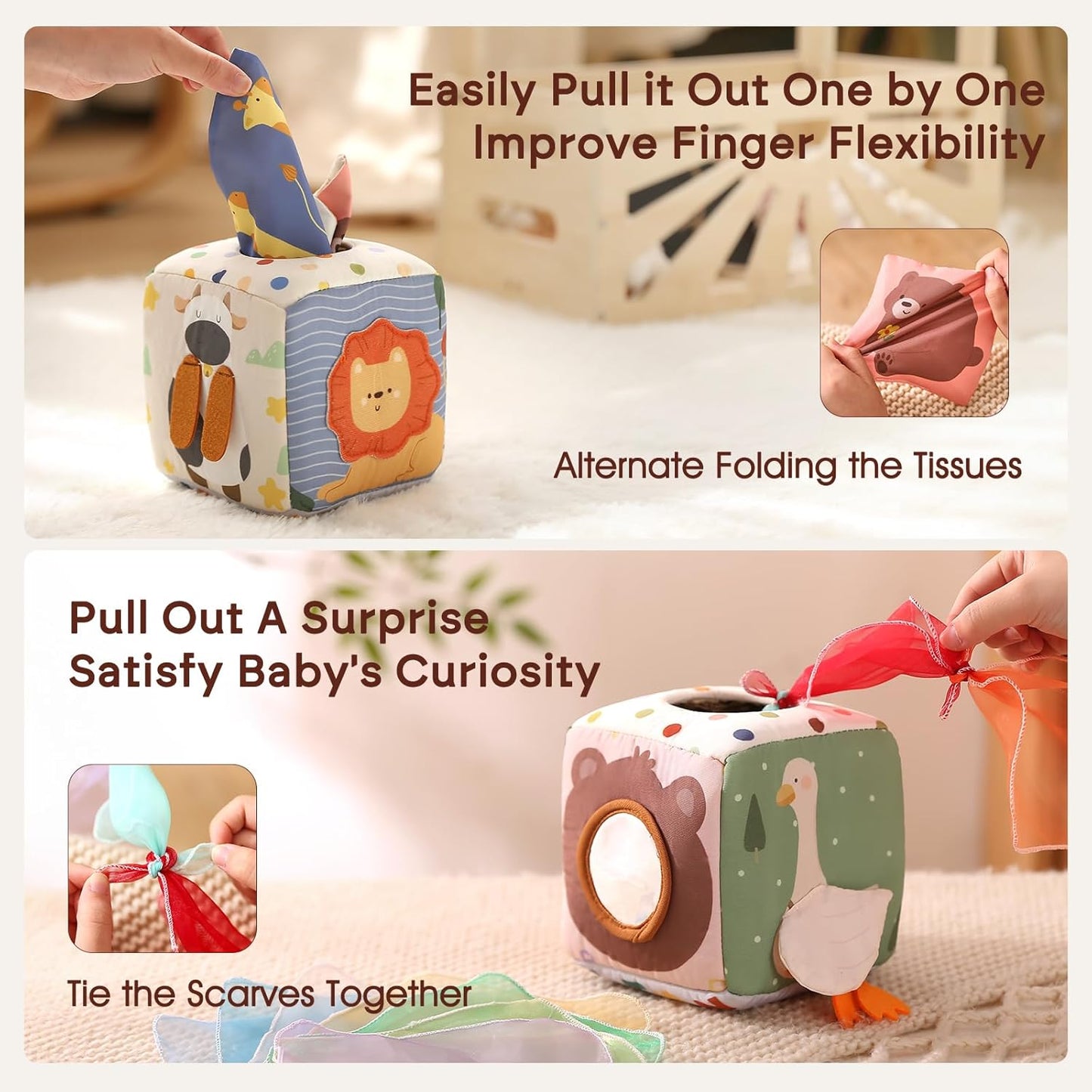 HotYouuys Baby Tissue Box Toy for Babies 6-12 Months, Montessori Sensory Toys for 1 Year Old Boy, Infant Toy with Crinkle Tissues & Fine Motor, for 6 9 12 18 Months Old Kids 1st Birthday