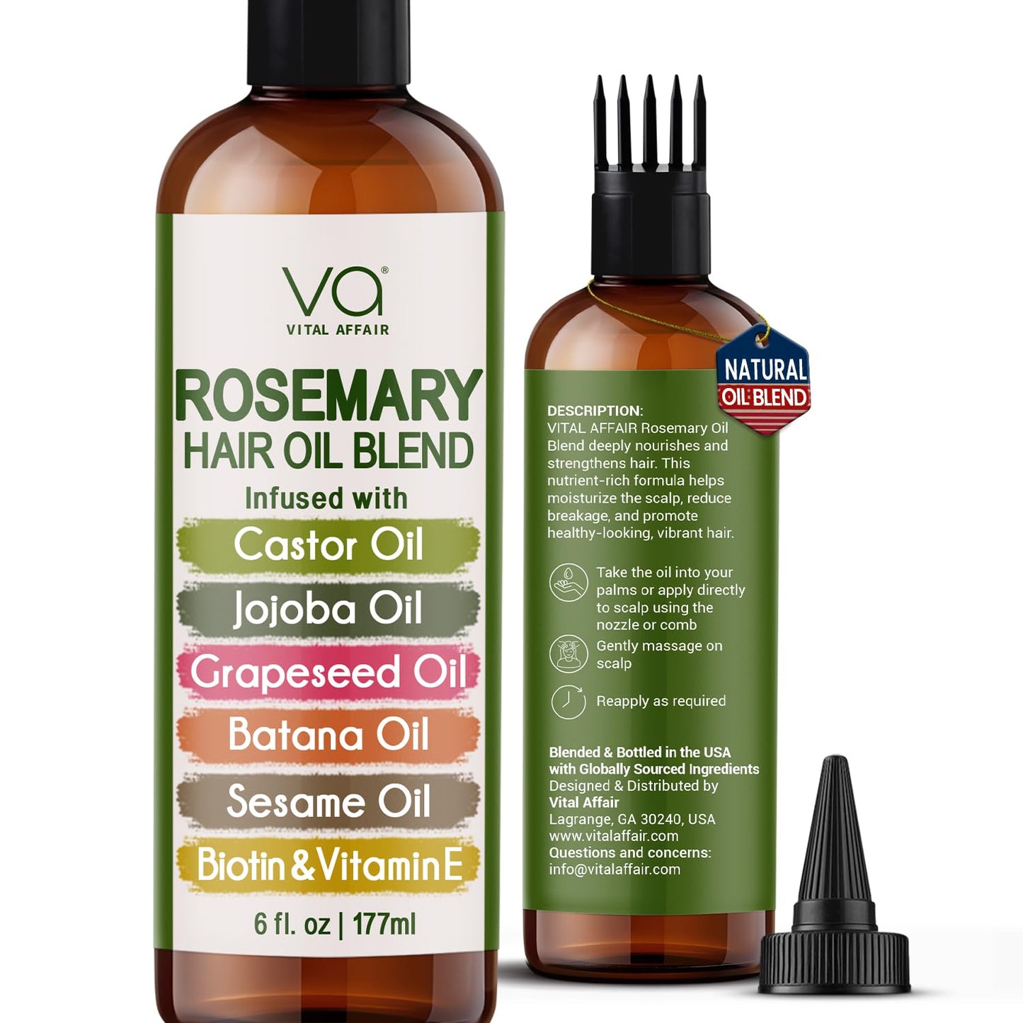 HotBlend Of Pure Rosemary Oil For Hair Growth With Castor, Batana, Jojoba Oil-Infused With Biotin & Vitamin E-Blend of Effective Hair Oils for Hair Growth-Strengthening Treatment-By Vital Affair-6 Fl Oz