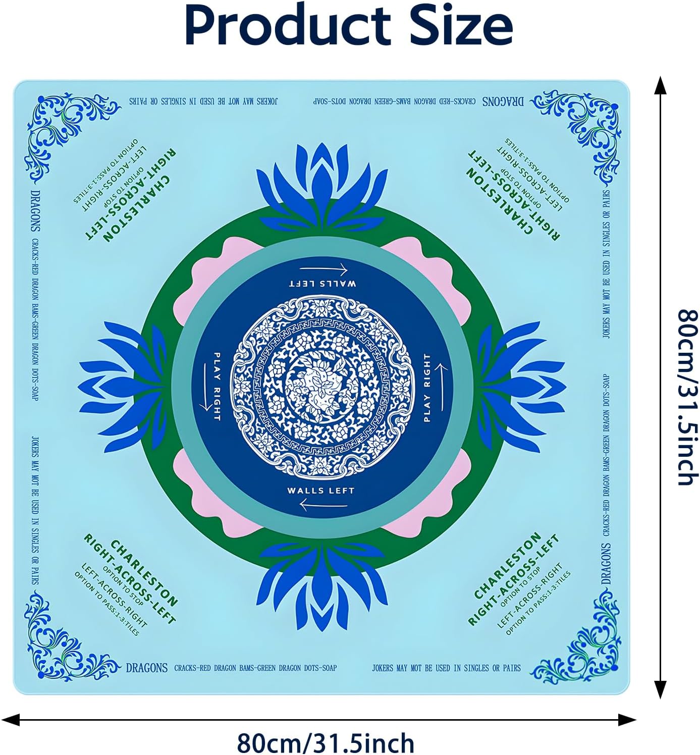 HotBlue Mahjong Mat for Table, American Mahjong Mat with Printed Rules, 31.5" x 31.5", Anti-Slip, Noise-Reducing Table Cover for Mahjong, Poker, Board Games, Dominoes, and Card Games.