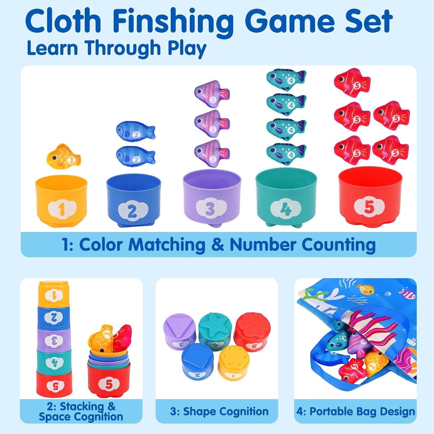 Hot Arovan Montessori Toys for 1 Year Old - Cloth Fishing Game with Stacking Cups Toddler Toys for One Year Old Boy Girl First Birthday Gift - Sorting Learning Baby Toy 12-18 Months 1 2 Year Old