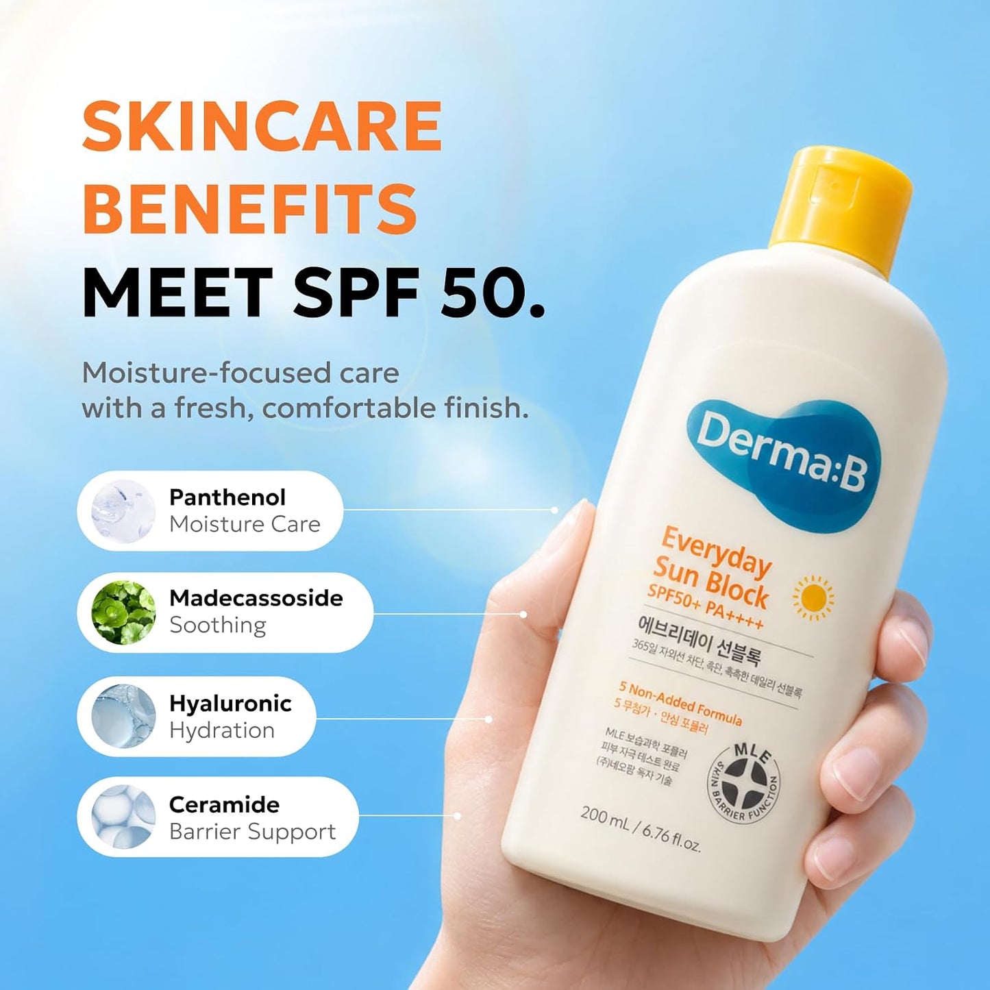 HotDerma B Everyday Sun Block Large Size Sunscreen SPF50+ PA++++ 6.71 Fl Oz, 200ml Fast-Absorbing Lightweight SPF Moisturizer, Facial Body Non-Sticky for Dewy Skin, Korean Protection Lotion | Korean Face Sunscreen | Lightweight Hydrating Formula | No Whit
