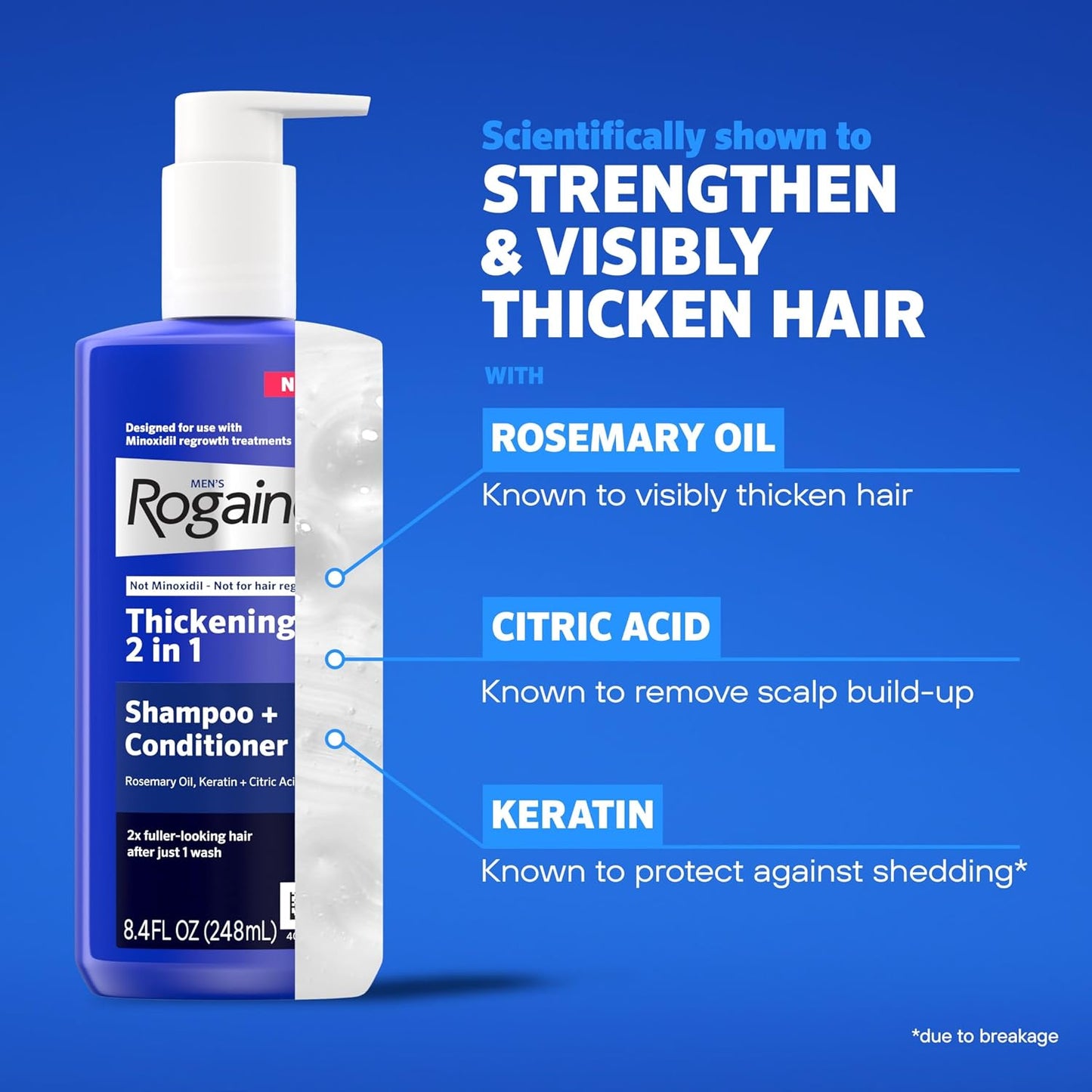 HotRogaine Men's Thickening 2 in 1 Shampoo + Conditioner, Hair Thickening Shampoo & Conditioner with Rosemary Oil, Keratin & Citric Acid Leaves Hair Visibly Thicker, Not Minoxidil, 8.4 fl. oz