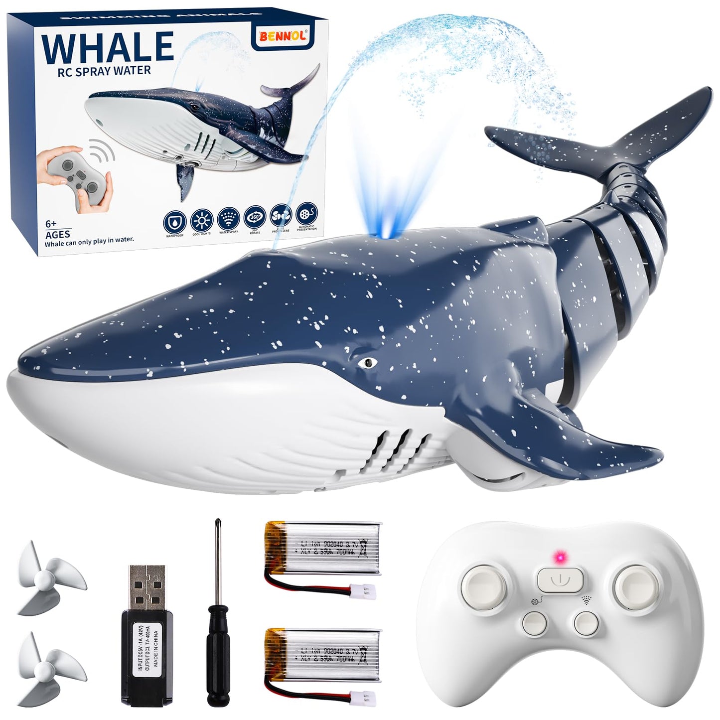 HotBennol 2.4Ghz Remote Control Shark Toys for Boys Kids, 1:18 Scale High Simulation Shark for Pool, Electric RC Sharks Fish Toys with Light & Spray Water Function for 6 7 8 9 Year olds Kid Boys