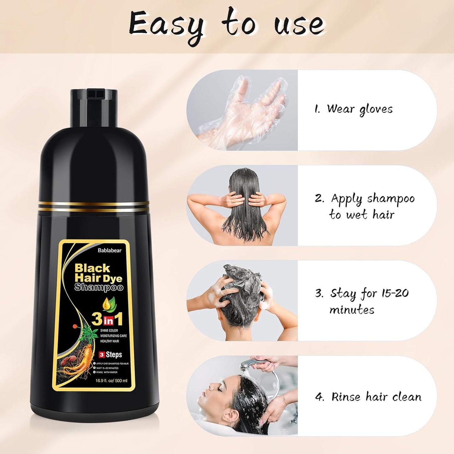 HotBablabear Black Hair Dye Shampoo for Gray Hair,Hair Color Shampoo for Women and Men, Grey Coverage.500ml