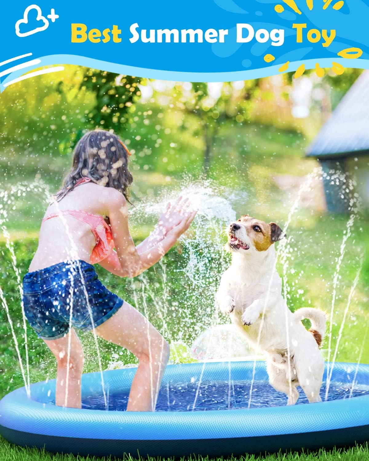 HotPeteast Splash Pad for Dogs & Kids - Anti-Slip Dog Pool for Large Dogs, 0.58 mm Thickened Durable Outdoor Water Play Mat, Summer Sprinkler Toy for Backyard (67in, Blue)