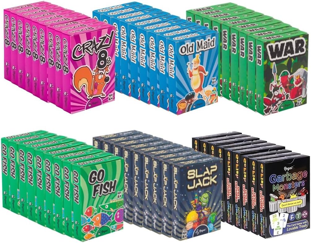 HotRegal Games Card Games for Kids - Go Fish, Crazy 8's, Old Maid, Slap Jack, Garbage Monster, War - Simple & Fun Classic Family Table Games - Games May Vary (6 Set)