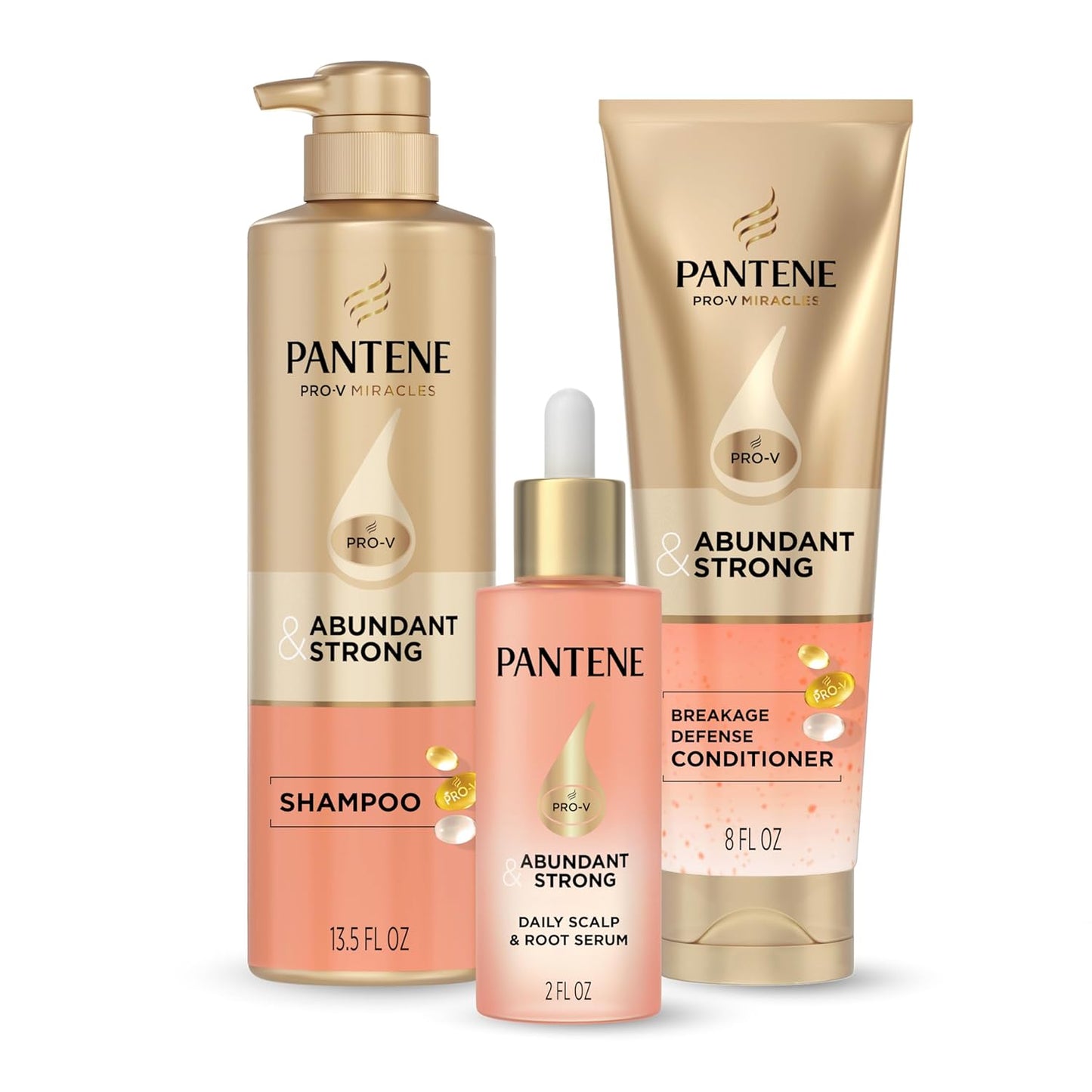 HotPantene Abundant & Strong 3-Piece Regimen with B5 Complex + Niacinamide, Shampoo (13.5 oz), Conditioner (8 oz), Serum (2 oz) for Hair Loss, Thinning, Anti-Breakage, Volume - Grows Healthier