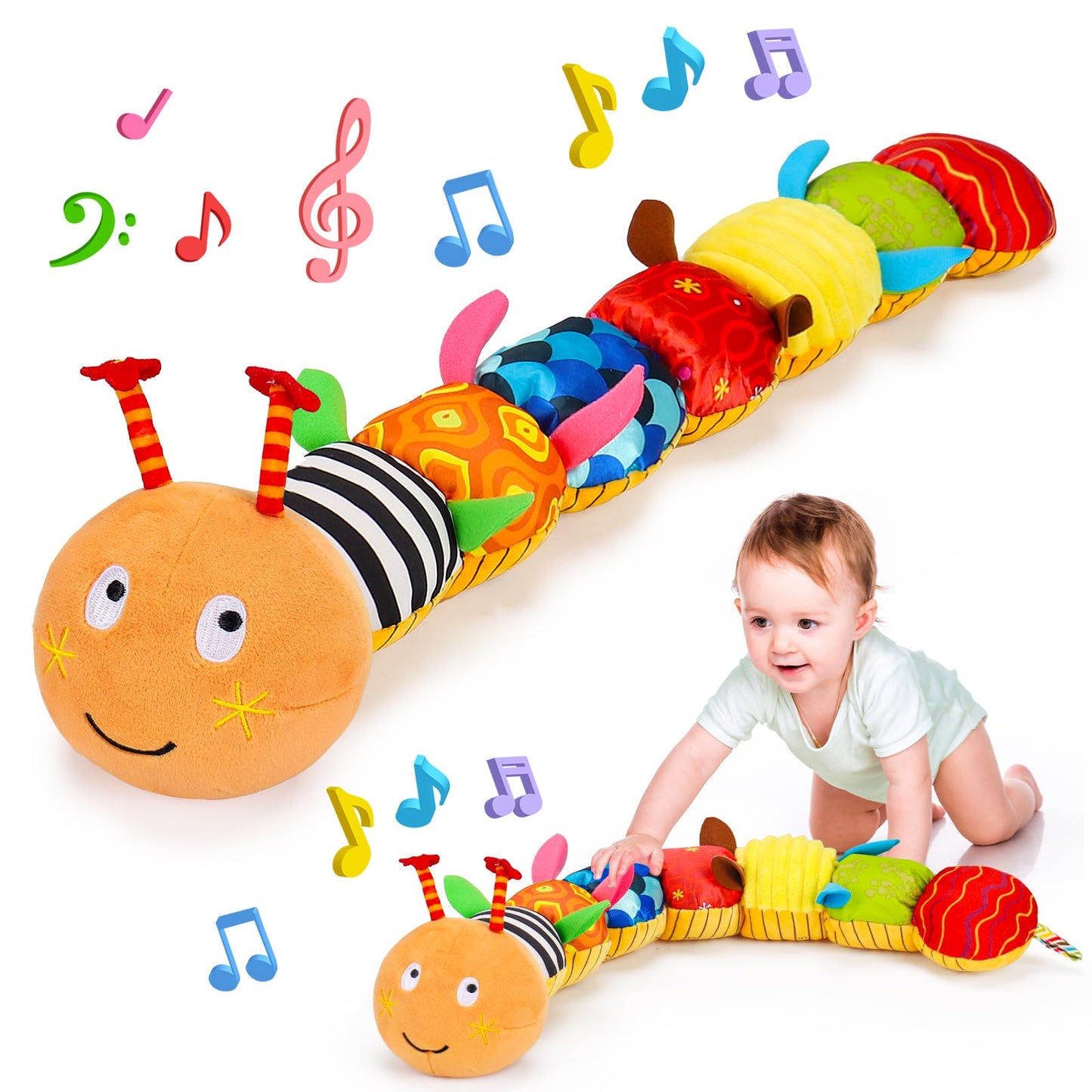 HotTopsochir Baby Sensory Toys 0-6 Months Music Animal Stuffed Plush Caterpillar Toy for Infant 0-3-6-12 Month Old Tummy Time with Mirror Crinkle Rattle Toys for Newborn Boys Girls Shower Birthday Gifts