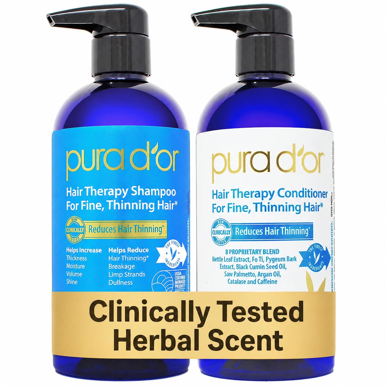 HotPURA D'OR Anti-Thinning Biotin Shampoo & Hair Regrowth Conditioner, CLINICALLY TESTED Effective Results, Thickening Herbal Blend For Women & Men, Original Gold Label Set, Natural Earthy Scent, 16oz x2