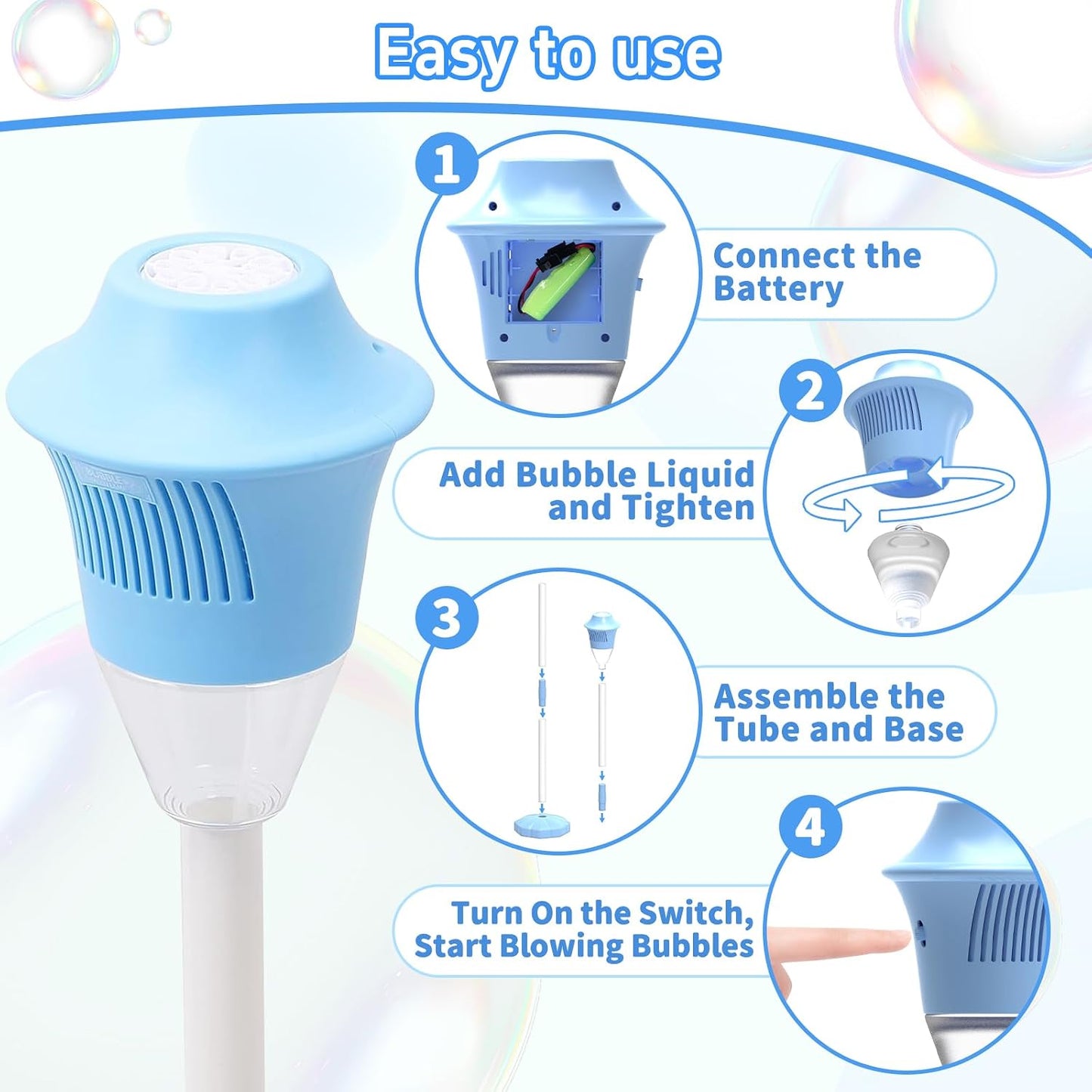HotInfowush Bubble Machine for Kids, Automatic Standing Bubble Maker Machine Height Adjustable Up to 47 Inches Outdoor Battery Bubble Machine with Light/Music for Toddlers Birthday Party Gifts（Blue）