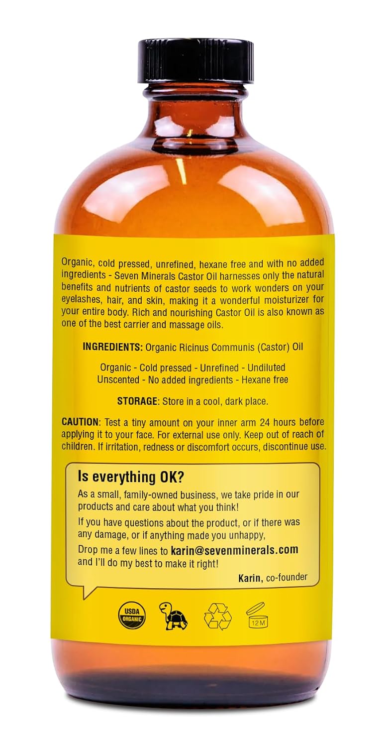 HotSeven Minerals USDA Organic Castor Oil - Big 16 oz Glass Bottle with Pump - 100% Pure Cold Pressed Unrefined Hexane Free - for Hair Growth, Eyelashes, Eyebrows, Skin, Cuticles & Caster Oil Packs