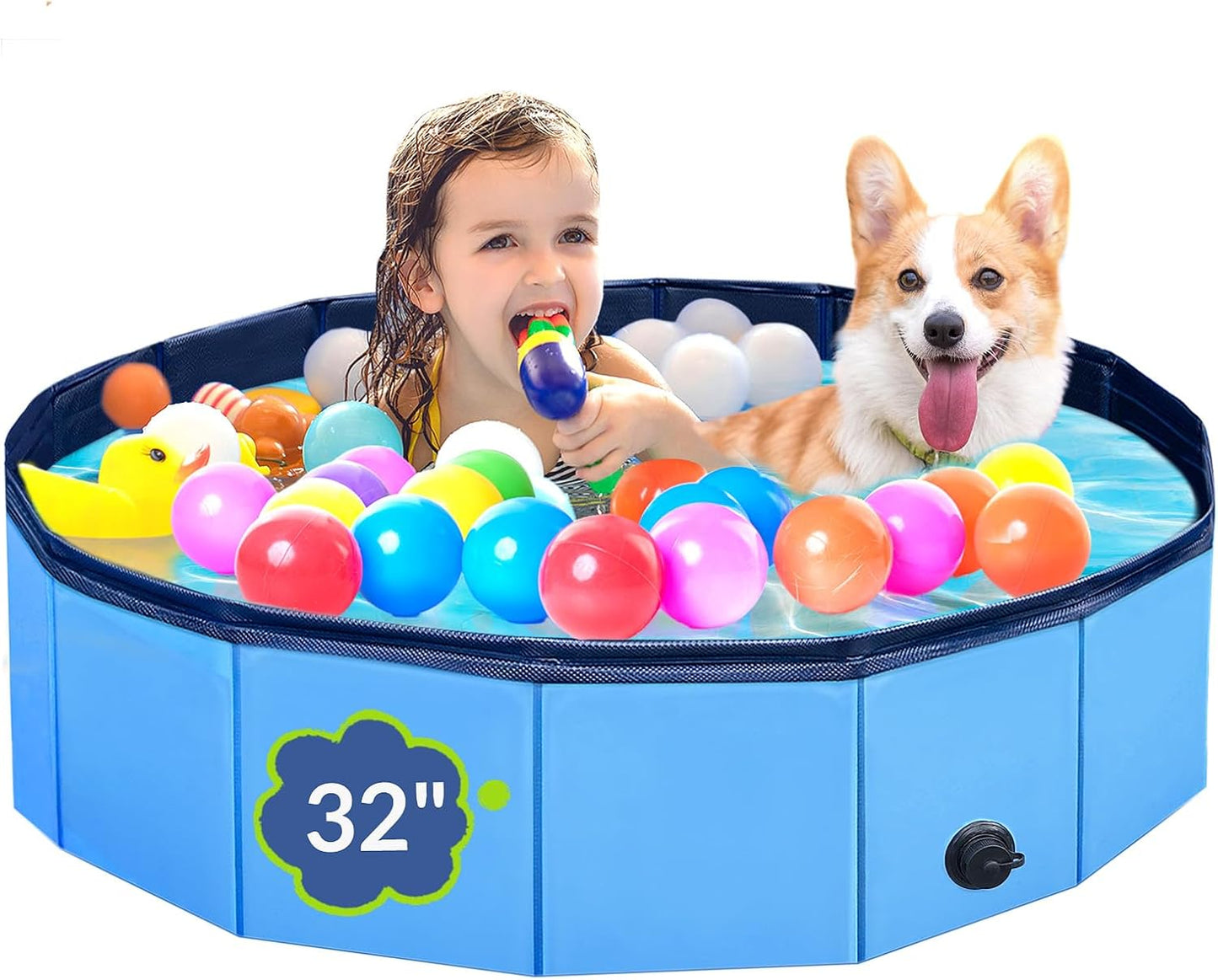 HotDog Pool, Foldable Pet Swimming Pool with 6mm High-Strength PP Board, Hard Plastic Collapsible Doggy Pools for Small Dogs Kitty Duck,Non-Slip Doggie Bathtub Quick to Set Up and Drainage Hole(32x8in)