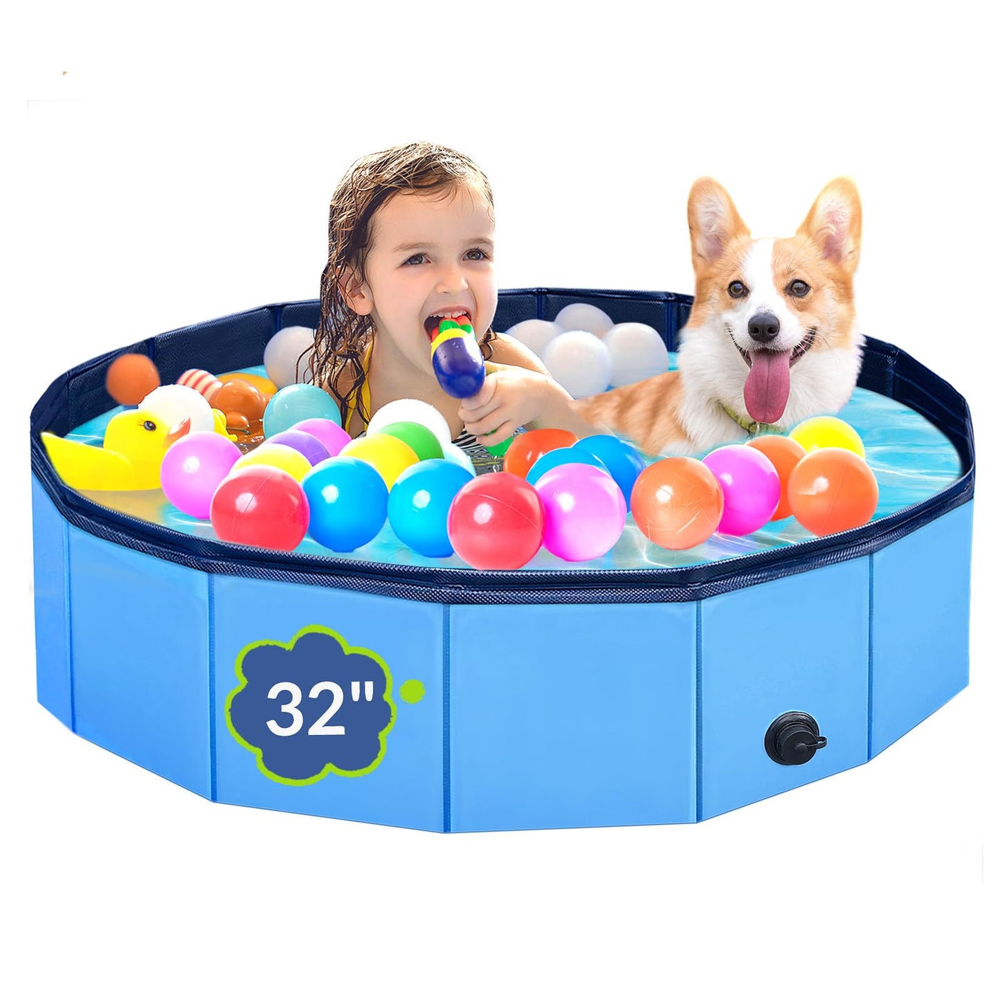 HotDog Pool, Foldable Pet Swimming Pool with 6mm High-Strength PP Board, Hard Plastic Collapsible Doggy Pools for Small Dogs Kitty Duck,Non-Slip Doggie Bathtub Quick to Set Up and Drainage Hole(32x8in)