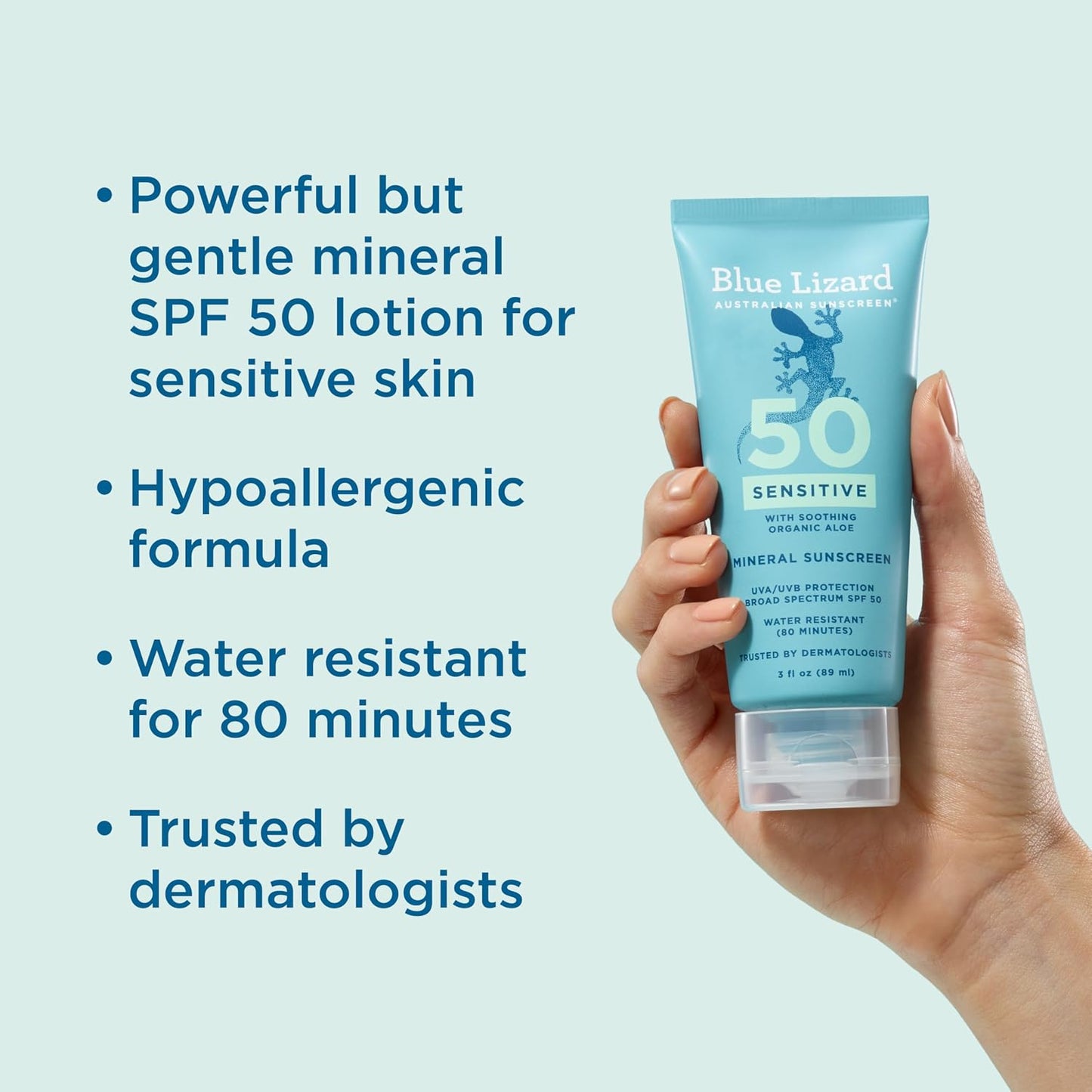 HotBlue Lizard SENSITIVE Mineral Sunscreen with Zinc Oxide, SPF 50+, Water Resistant, UVA/UVB Protection with Smart Cap Technology - Fragrance Free, 3 oz. Tube