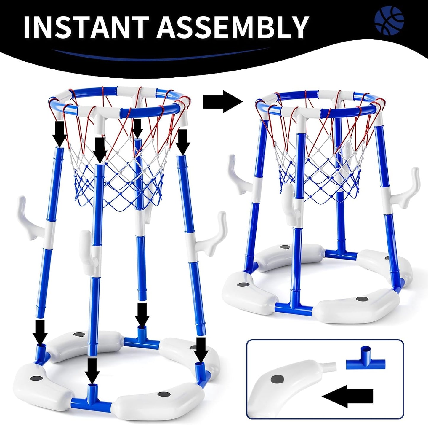 Hot 2-in-1 Pool Basketball Hoop & Ring Games with 4 Balls 12 Rings and Pump, Summer Water Outdoor Party Swimming Pool Toys Games for Kids Ages 4-8 8-12 Adult, Family Water Party Birthday Games Toys