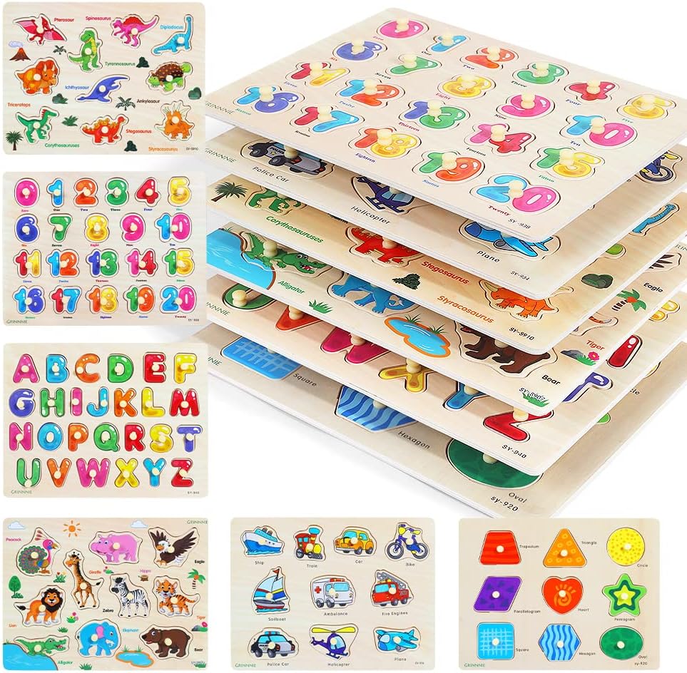 Hot GRINNNIE Wooden Peg Puzzle for Toddlers, 6 Pack Toddler Puzzles Set for 3 4 5 Years Old (Alphabet Number Shape Animal Dinosaur Vehicle), Preschool Education Learning Puzzle Toys for Girls and Boys