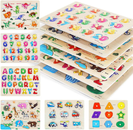 Hot GRINNNIE Wooden Peg Puzzle for Toddlers, 6 Pack Toddler Puzzles Set for 3 4 5 Years Old (Alphabet Number Shape Animal Dinosaur Vehicle), Preschool Education Learning Puzzle Toys for Girls and Boys