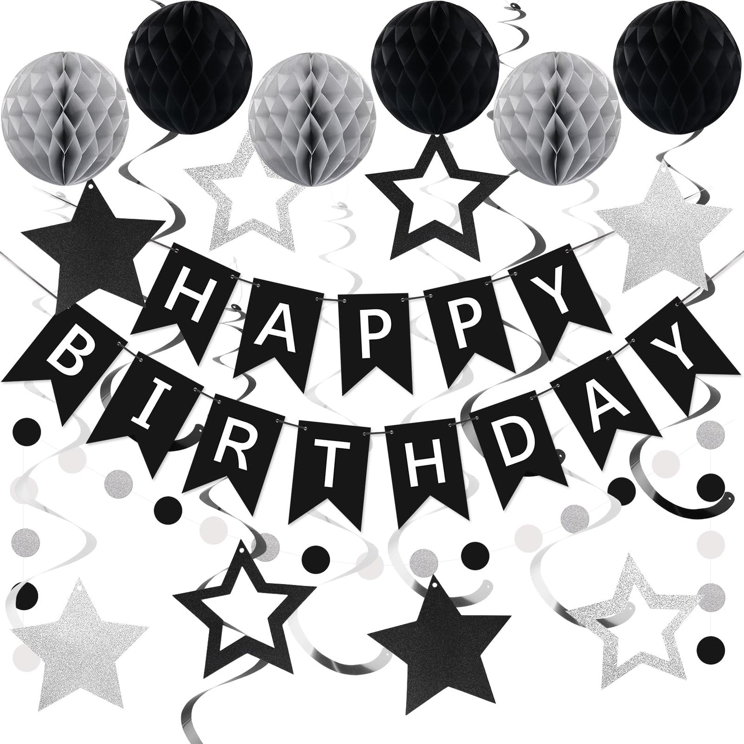Hotmeowtastic Birthday Decorations Happy Birthday Banner with Honeycomb Balls | 16pcs Birthday Set: 1 Banner+6 Honeycomb Balls+8 Star Spirals+1 Circle Dots, Happy Birthday Decor - Blue