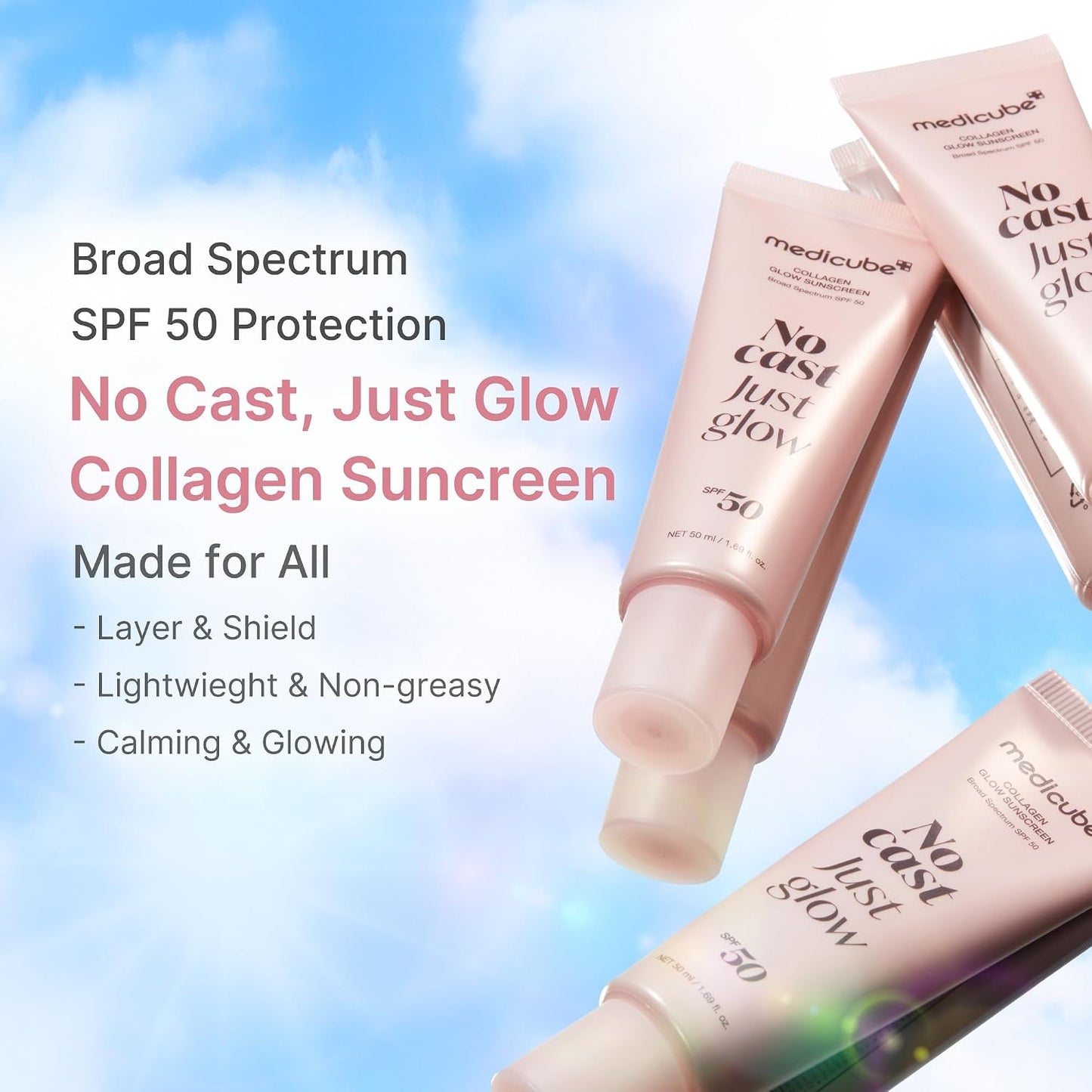 Hotmedicube Sunscreen No Cast Just Glow Collagen | SPF 50 Broad Spectrum Face Sunscreen | Lightweight, Non-Sticky, Hydrating Formula | Peptide, Cica for Soothing & Glow | Korean Skincare