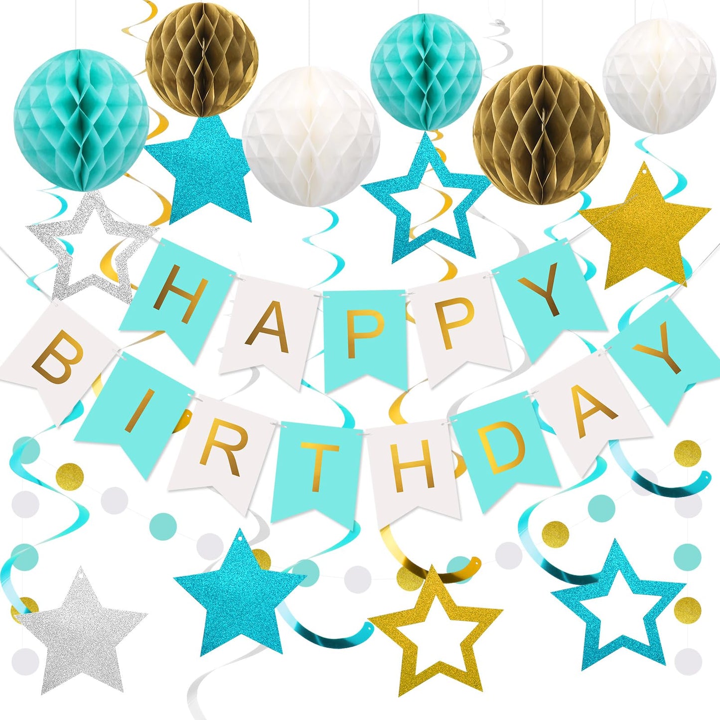Hotmeowtastic Birthday Decorations Happy Birthday Banner with Honeycomb Balls | 16pcs Birthday Set: 1 Banner+6 Honeycomb Balls+8 Star Spirals+1 Circle Dots, Happy Birthday Decor - Blue