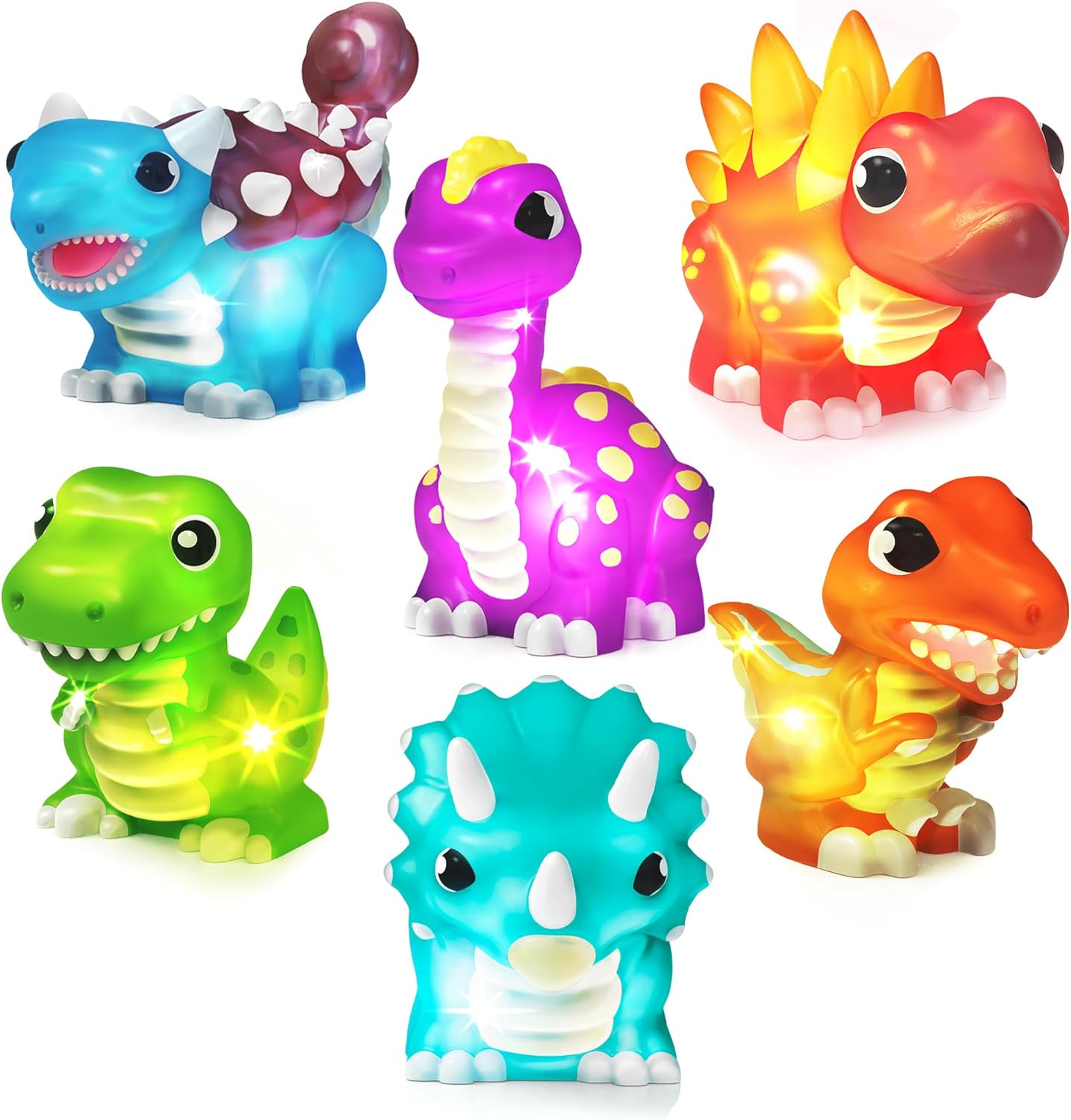 HotTub Works® Dinos™ Dinosaur Light Up Bath Toys, 6 Pack | Water-Activated Light Up Toys Flash & Change Color | Easy-Grip Baby & Toddler Bath Toys | Sensory Bath Lights Watertight Bathtub Toys