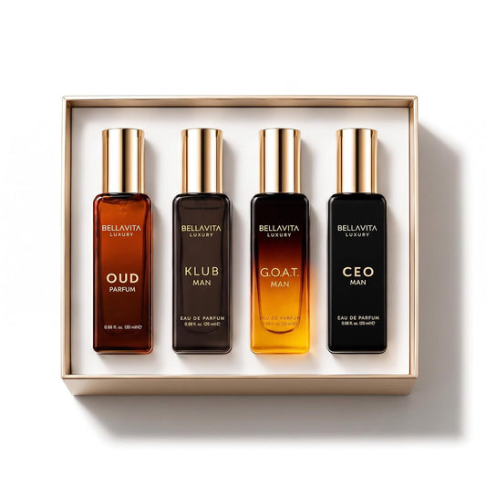 HotBellaVita Luxury Men's Perfume Gift Set with CEO Man, G.O.A.T., KLUB & OUD | 4 x 20ml (80ml) | Long Lasting Perfume for Men | Citrus, Woody, Patchouli & Caramel Notes | Gift for Father's Day