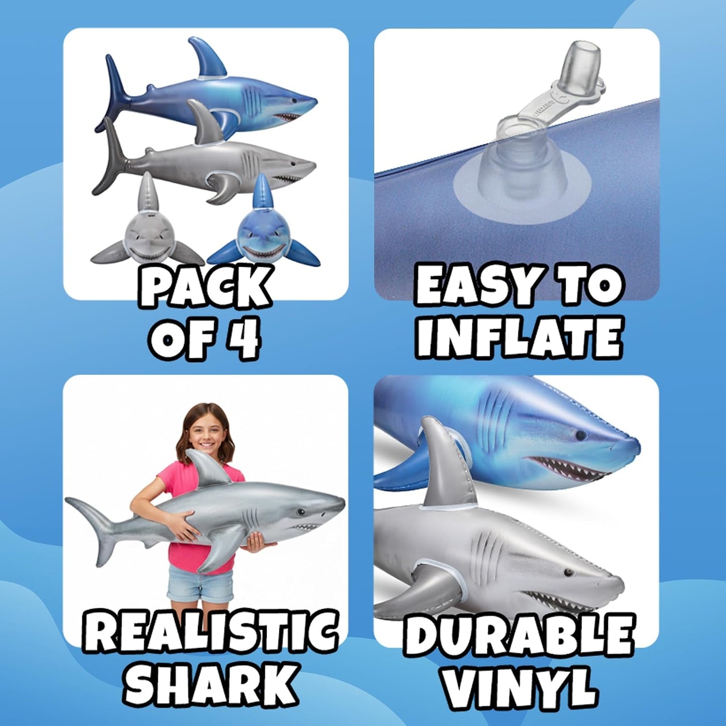 Hot Inflatable Shark Birthday Party Decorations & Pool Toys - 4 Pack (2 Grey, 2 Blue) Large 23-Inch Blow-Up Shark Float Party Supplies for Kids or Adults Birthday, Beach, Summer Games & Party Favor Gifts