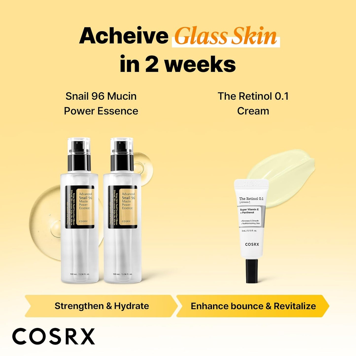 HotCOSRX Snail 96% Mucin Power Essence 2ea & Retinol 0.1% Cream Mini Sample 1ea, Glass Skin Starter Set, Amazon Exclusive, Daily Hydrating & Firming Korean Skin Care Kit, Gift Set