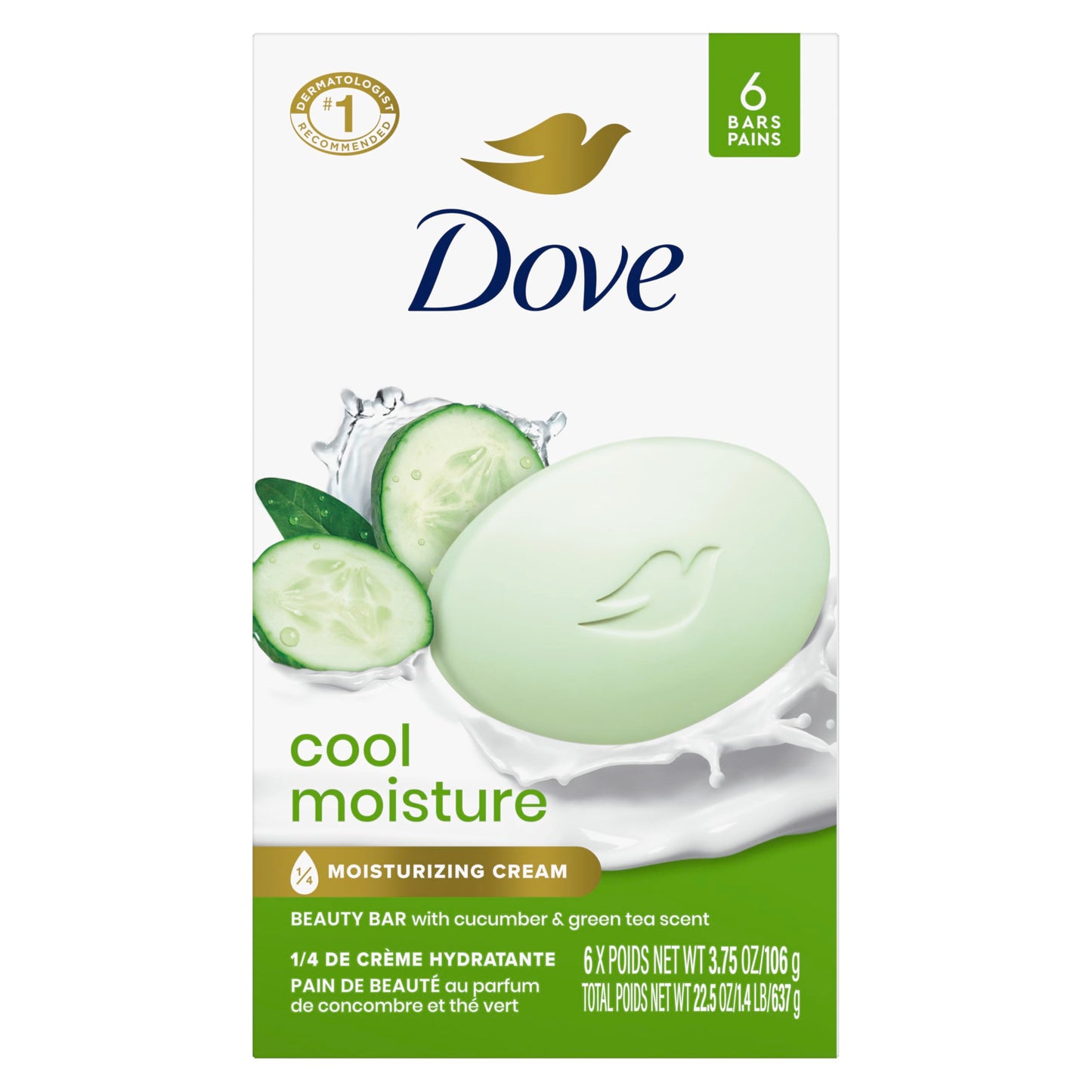 HotDove Beauty Bar Soap Cool Moisture Cucumber & Green Tea Scent, 6 Bars for Refreshed Skin, Leaves Skin Refreshed 3.75 oz