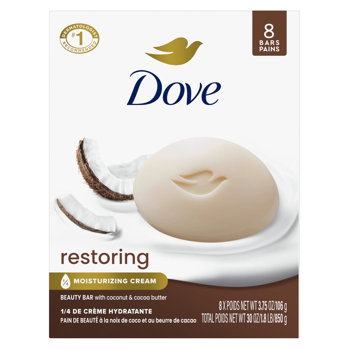 HotDove Beauty Bar Soap Restoring Coconut & Cocoa Butter 6 Count for Restored Skin, Nourishes Skin 3.75 oz