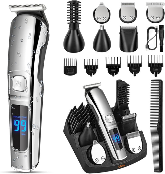 HotUfree Beard Trimmer for Men, Waterproof Electric Razor, Grooming Kit | Stainless steel blades, six interchangeable heads, wet and dry use, USB rechargeable, for face body nose ear trimming, silver