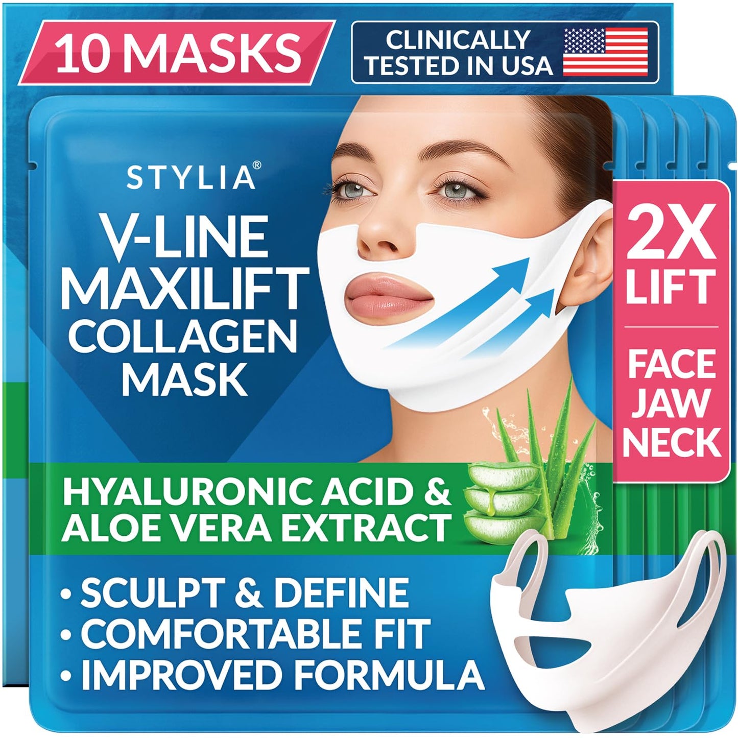 HotStylia V Line Lifting Collagen Mask - Lift, Firm & Contour Jawline - Tightening Double Chin Strap with Hyaluronic Acid & Aloe - Neck Tightening and Lifting Mask - Jawline Shaper Face Lift Tape (10PC)