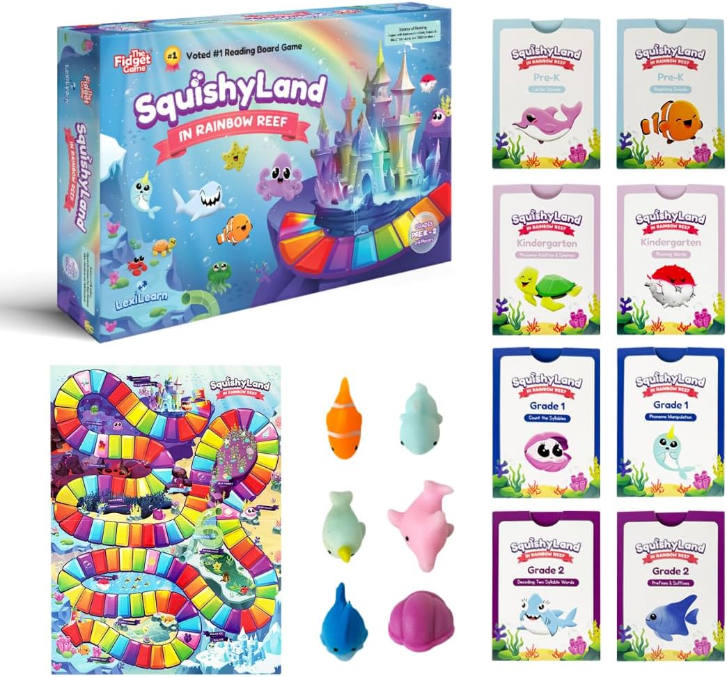 HotThe Fidget Game SquishyLand in Rainbow Reef - Educational & Phonics Kindergarten Learning Activities for Children in Pre-K to 2nd Grade - Mochi Squishy Toys Set with Board Game (2-6 Players)