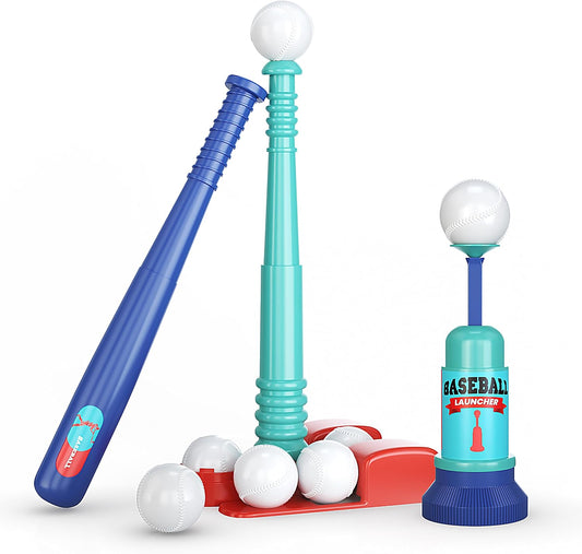 Hot T Ball Stand for Kids and Toddlers 1-3, 3-5, 5-8. Baseball Set Includes 6 Large Balls, an Adjustable Tball Batting Tee, and a Pitching Machine. Kids Bat and Ball, T-Ball Sets for Kids