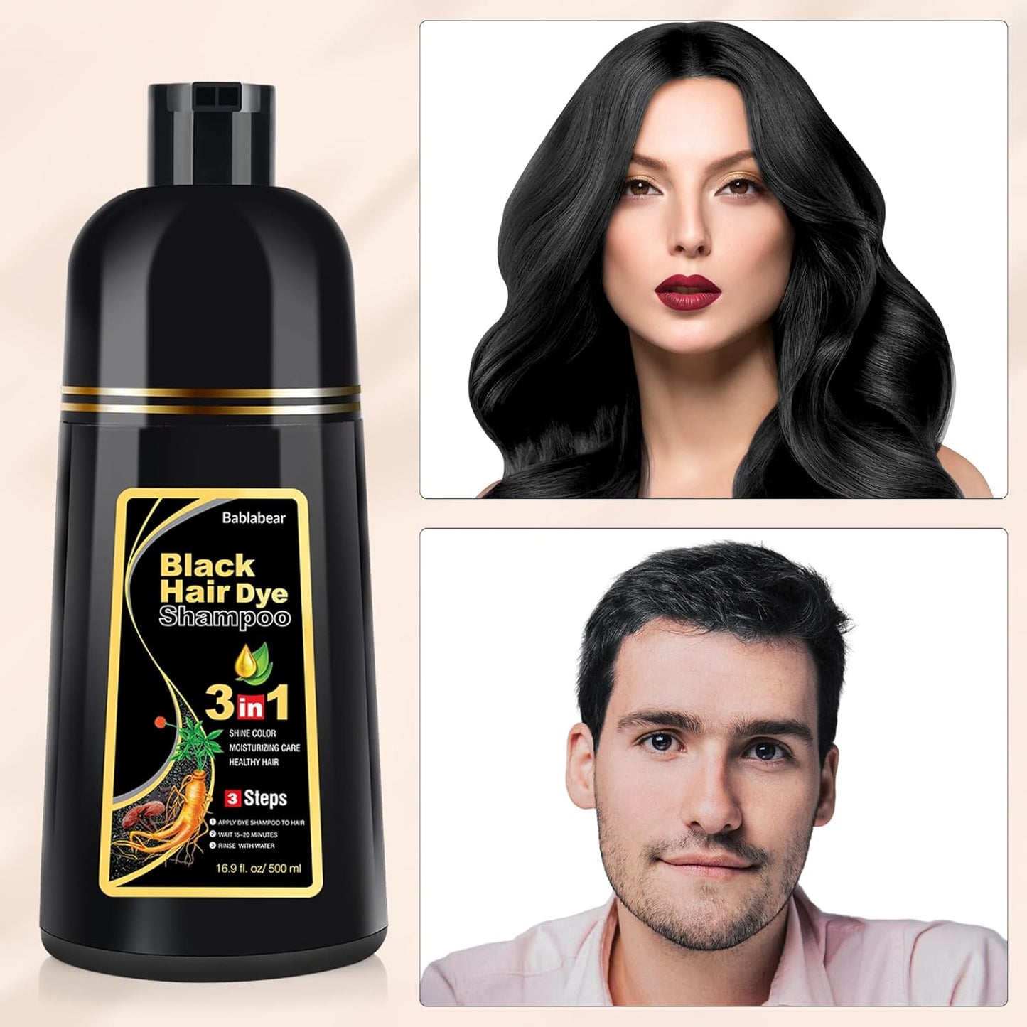 HotBablabear Black Hair Dye Shampoo for Gray Hair,Hair Color Shampoo for Women and Men, Grey Coverage.500ml