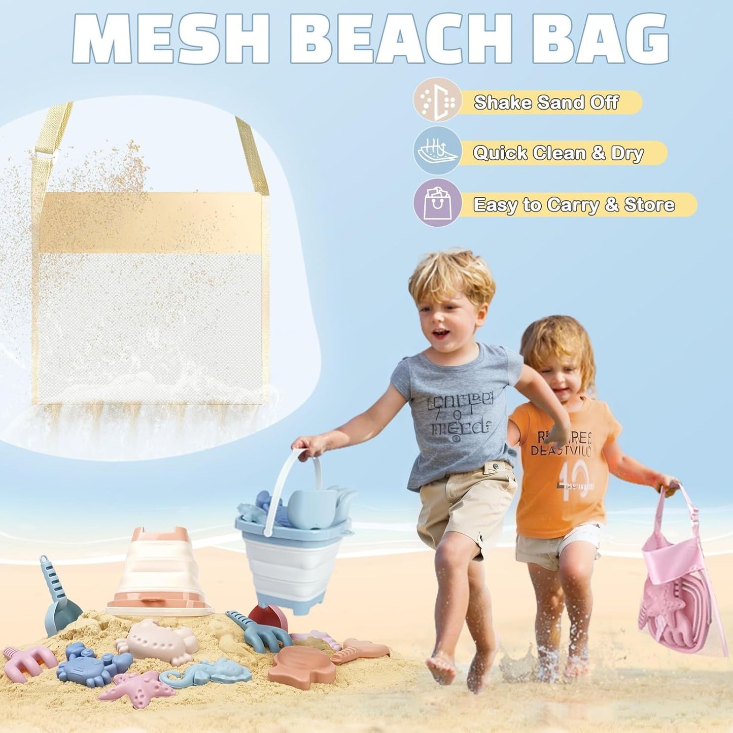 HotDreamon Beach Toys Set for Kids 3-10, Collapsible Sand Buckets with Beach Molds and Mesh Bag, 3 Pack Shovels Set Sand Toys for Beach, Sandbox Travel Toys for Toddlers Kids