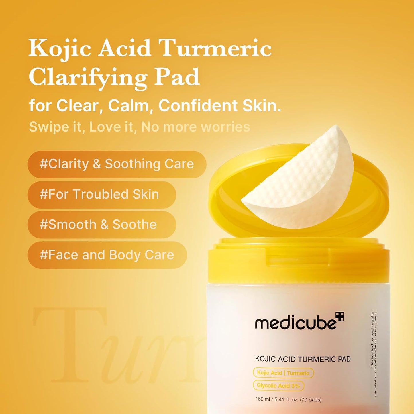 Hotmedicube Toner Pads Kojic Acid Turmeric Clarifying Toner Pad for Troubled Skin & Use After Spot Care, Soothing with Kojic Acid, Turmeric, Niacinamide, Glycolic Acid, Korean Skin Care, 70 Pads (1 Pack)