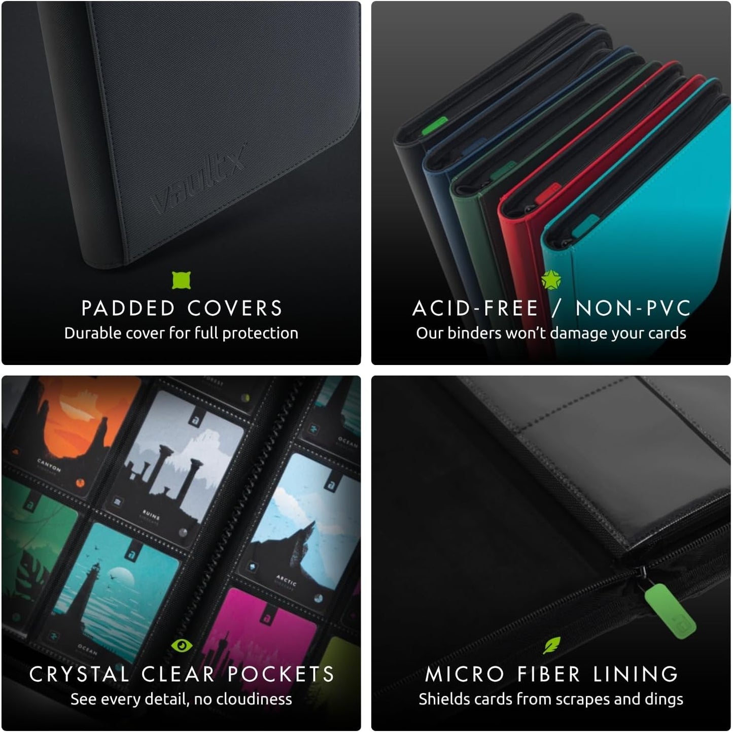 Hot Vault X 12 Pocket Zip Trading Card Binder 480 Cards Exo-Tec (Black) | Holds 480 standard-size TCG cards in 20 side-loading 12-pocket pages. Padded, water-resistant Exo-Tec cover.