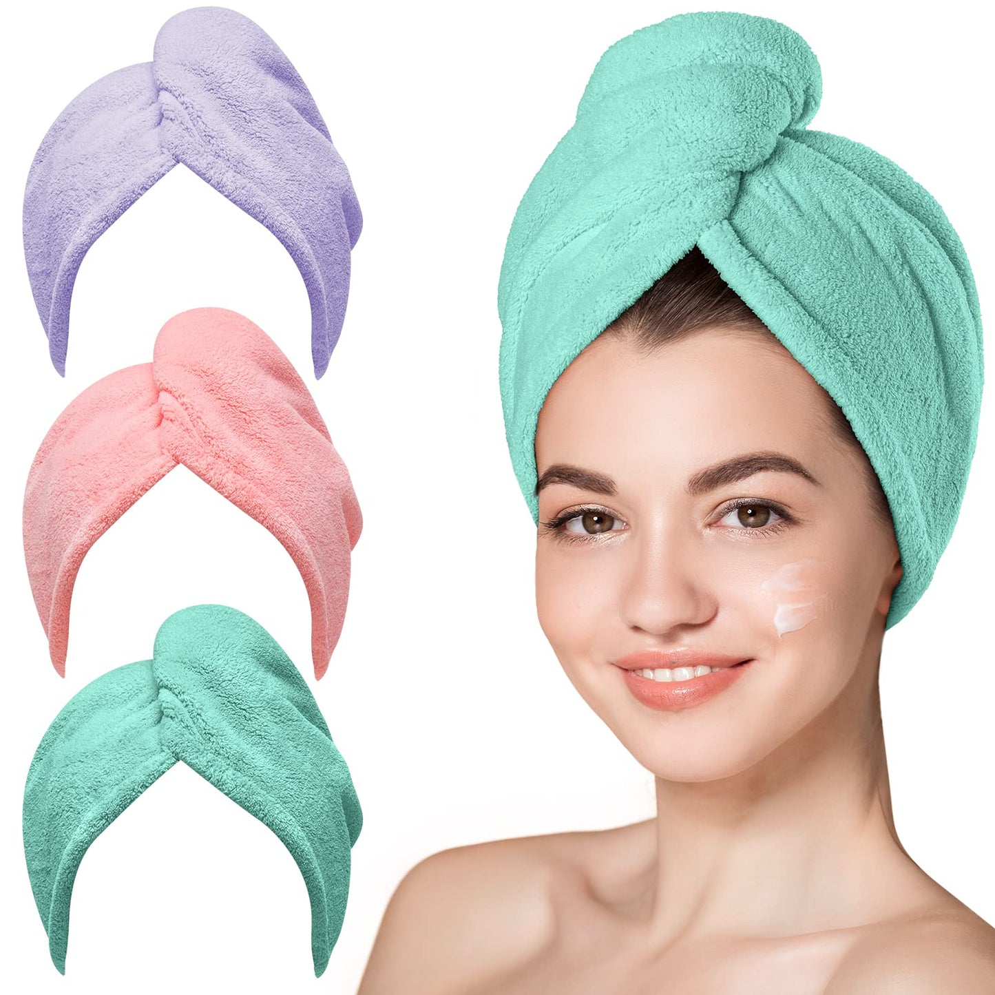 HotHicober Microfiber Hair Towel Wrap, Fast Drying Hair Towels for Women, Soft Lightweight Quick Dry Turban for Curly & Long Hair–3 Pack(Blue/Grey/Pink)