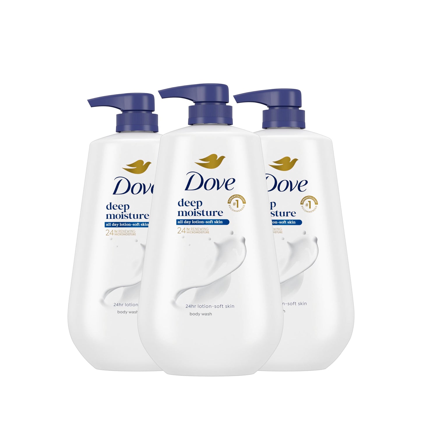 HotDove Body Wash with Pump 3 Count Deep Moisture for 24hr Lotion-Soft Skin Moisture Moisturizing Skin Cleanser with No Sulfates No Parabens