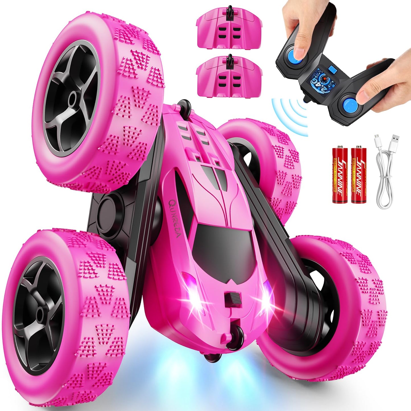 HotQUNREDA Remote Control Car, RC Cars Toys for Kids Ages 6-12, 4WD Stunt Car with LED Lights & 360° Flips, 2.4GHz, Upgraded USB-C Modular Batteries, 8-10 Year Old Boys Birthday Gift 1-Blue
