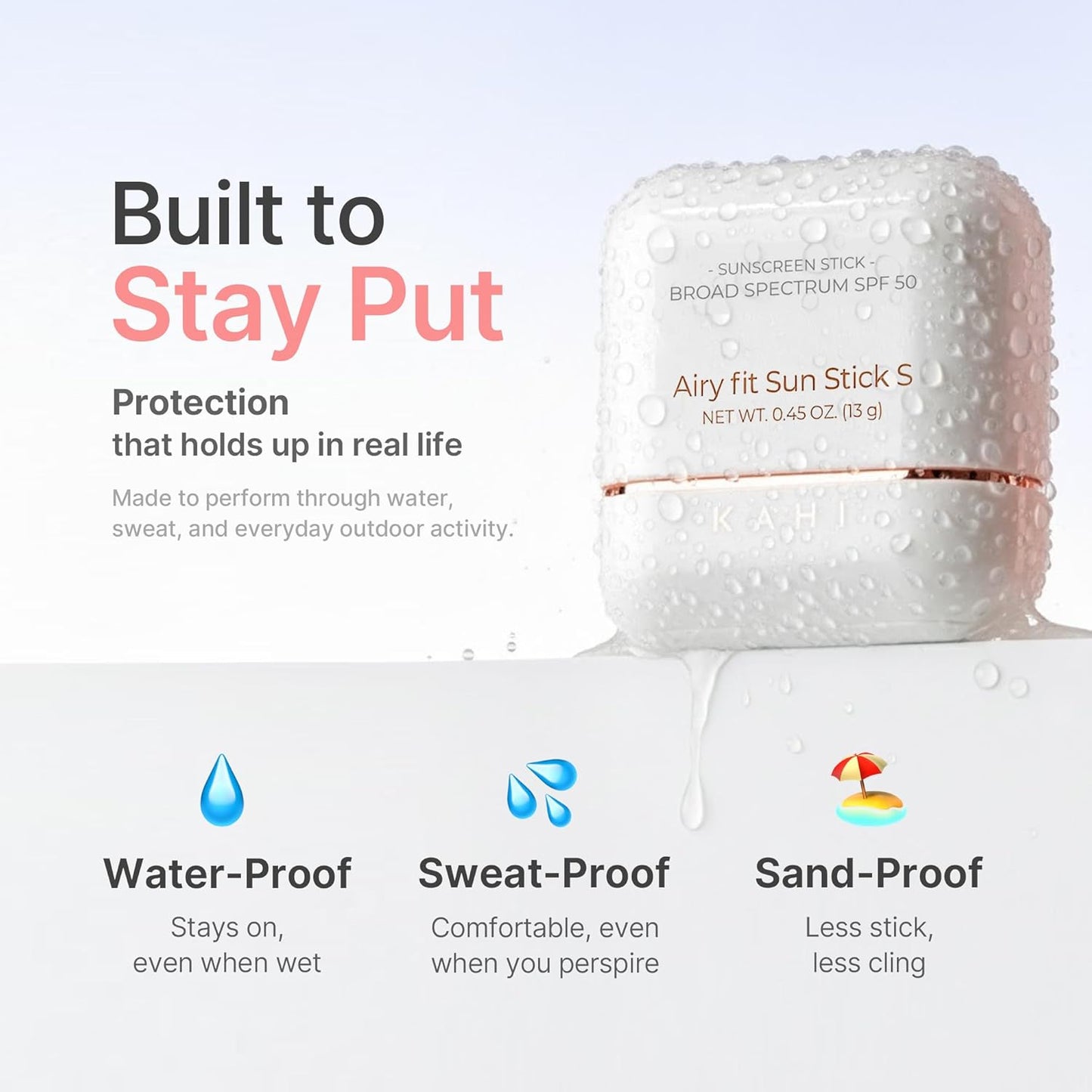 HotKAHI Airy Fit Sun Stick S - SPF 50+ Triple Functional Broad Spectrum Face Sunscreen Stick - Waterproof, Sweatproof & Sandproof - Ultra-Lightweight & Non-Greasy Sun Shield - Korean Skin Care 0.45 oz