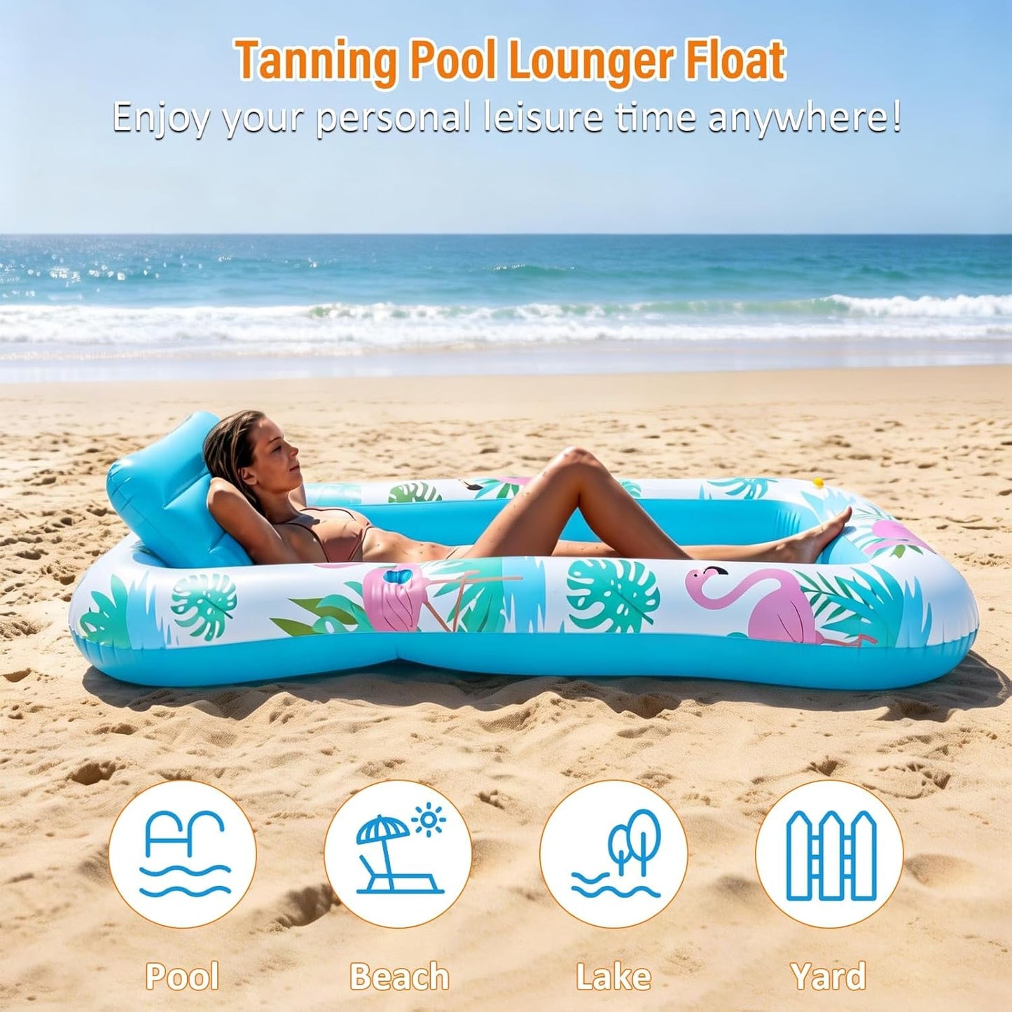Hot Inflatable Tanning Pool Lounger Float with Sprinkler, Pool Float Adult with Pillow & Cup Holder, Sunbathing Blow Up Tanning Bed, Suntan Tub Raft Floatie for Backyard Summer Water Party Extra-Large