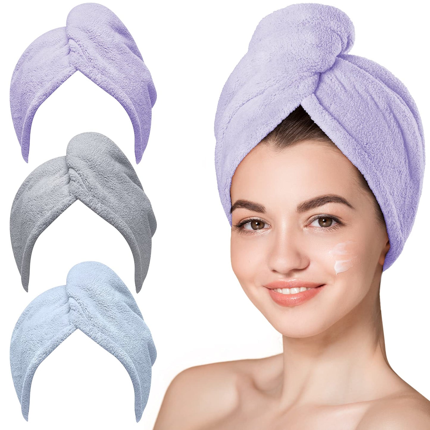 HotHicober Microfiber Hair Towel Wrap, Fast Drying Hair Towels for Women, Soft Lightweight Quick Dry Turban for Curly & Long Hair–3 Pack(Blue/Grey/Pink)