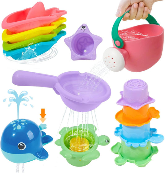 HotMold Free Bath Toys, 11PCS | Safe Easy Clean & Fun Floating Boats & Spoon & Watering Can and Whale Bath Toy for Babies 12+ Months | Colorful Bathtub Pool Water Table Sand Toys for Babies and Toddlers