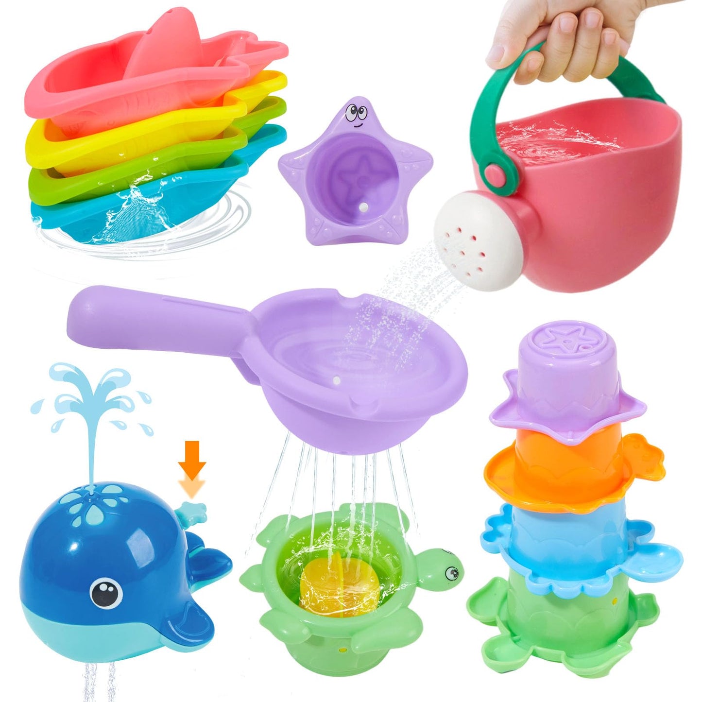 HotMold Free Bath Toys, 11PCS | Safe Easy Clean & Fun Floating Boats & Spoon & Watering Can and Whale Bath Toy for Babies 12+ Months | Colorful Bathtub Pool Water Table Sand Toys for Babies and Toddlers